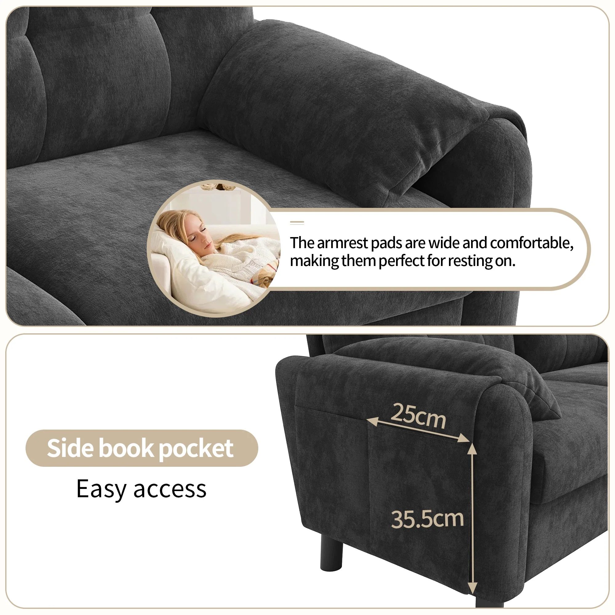 Modern 2-Seater Sofa, Thick Cushions, Scandinavian Design, Chenille Gray - Image 5
