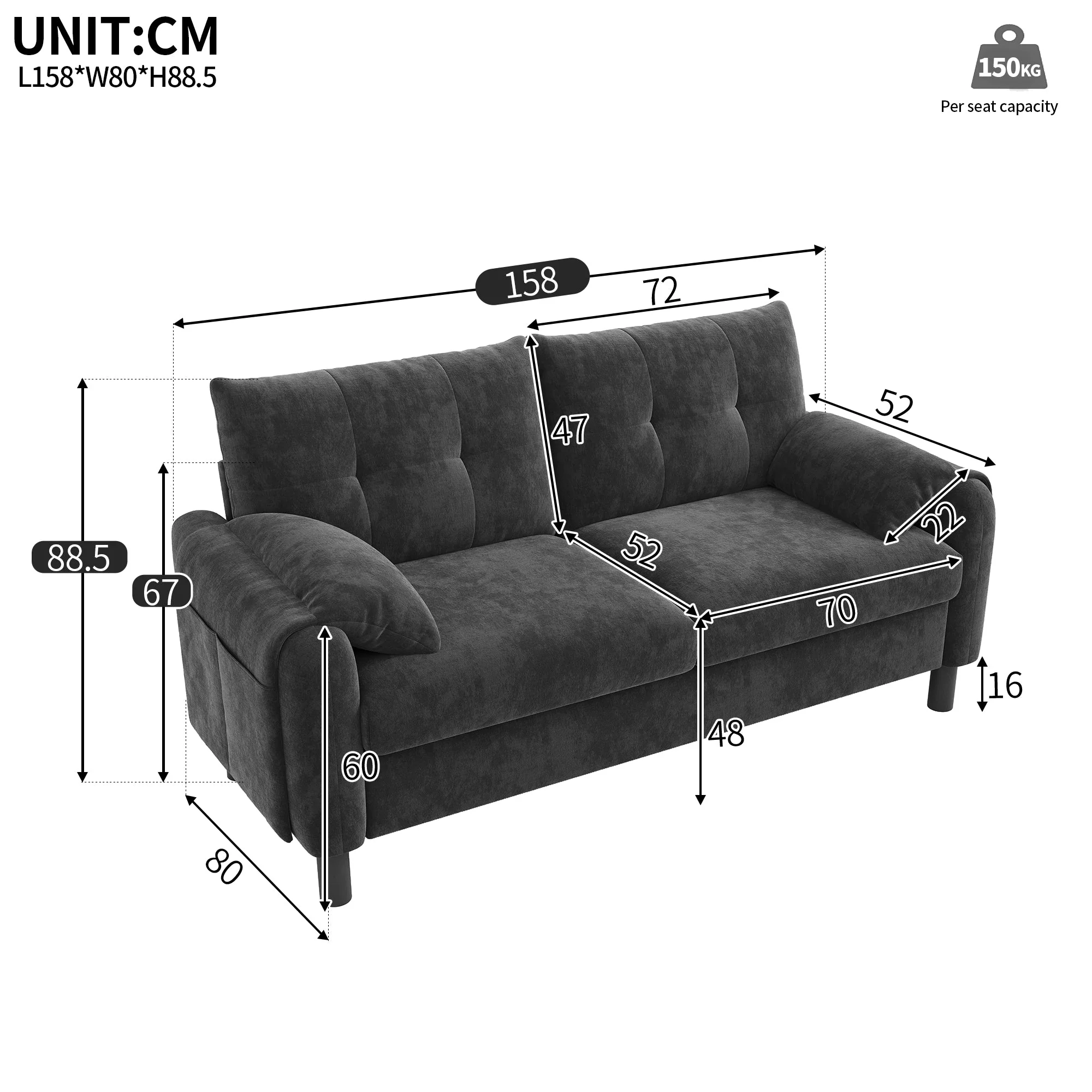 Modern 2-Seater Sofa, Thick Cushions, Scandinavian Design, Chenille Gray - Image 9