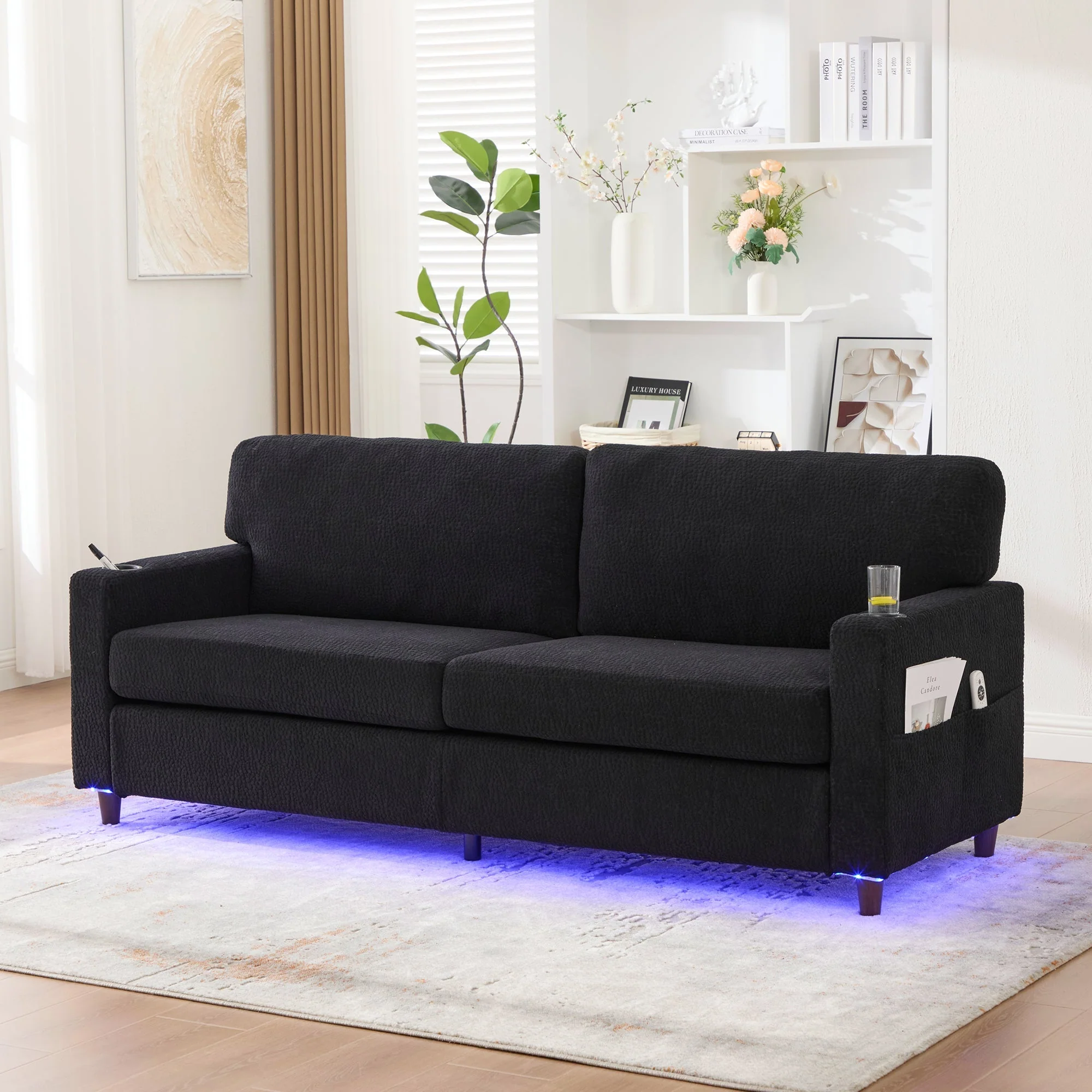 Modern 2-Seater Sofa USB-C LED Cup Holders Side Pockets - Black Chenille