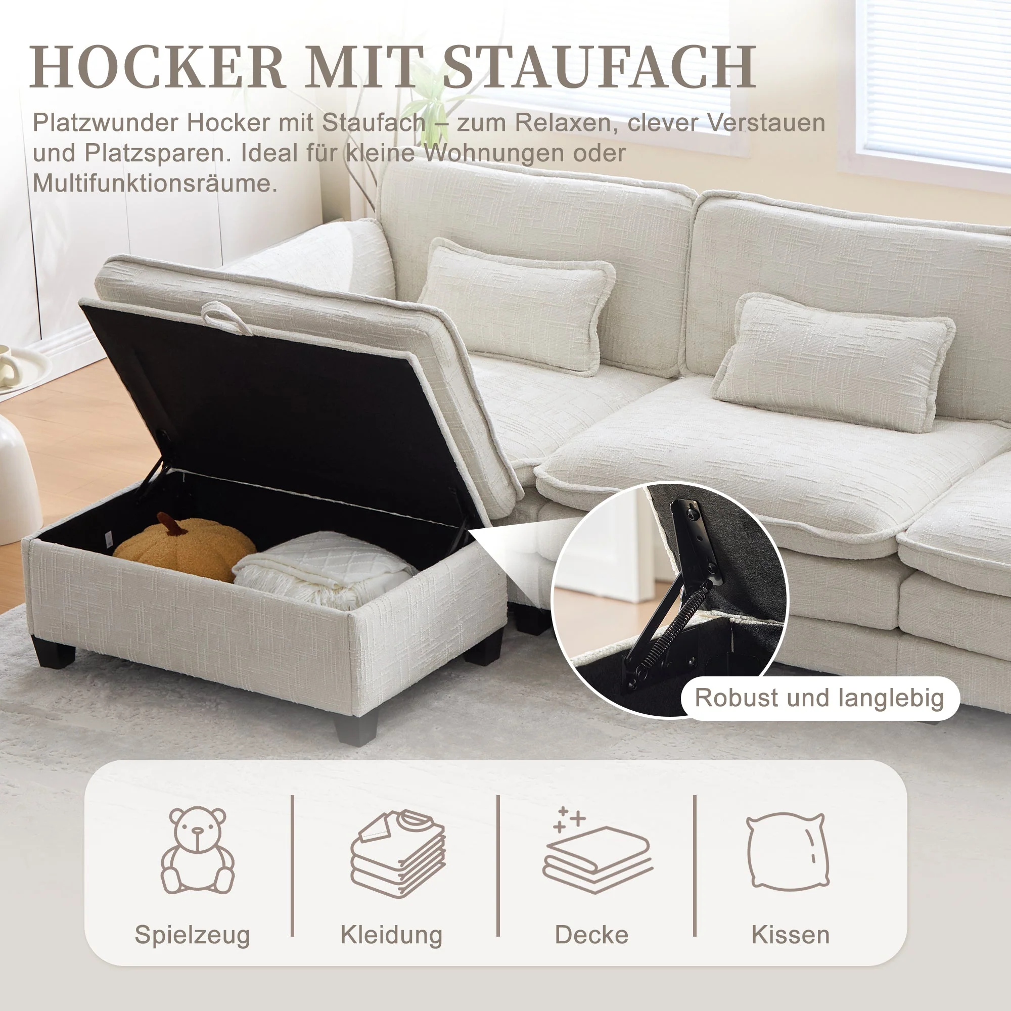 Modern 2-Seater Sofa USB Port Side Pocket Modular Footstool, Chenille Beige - Image 6