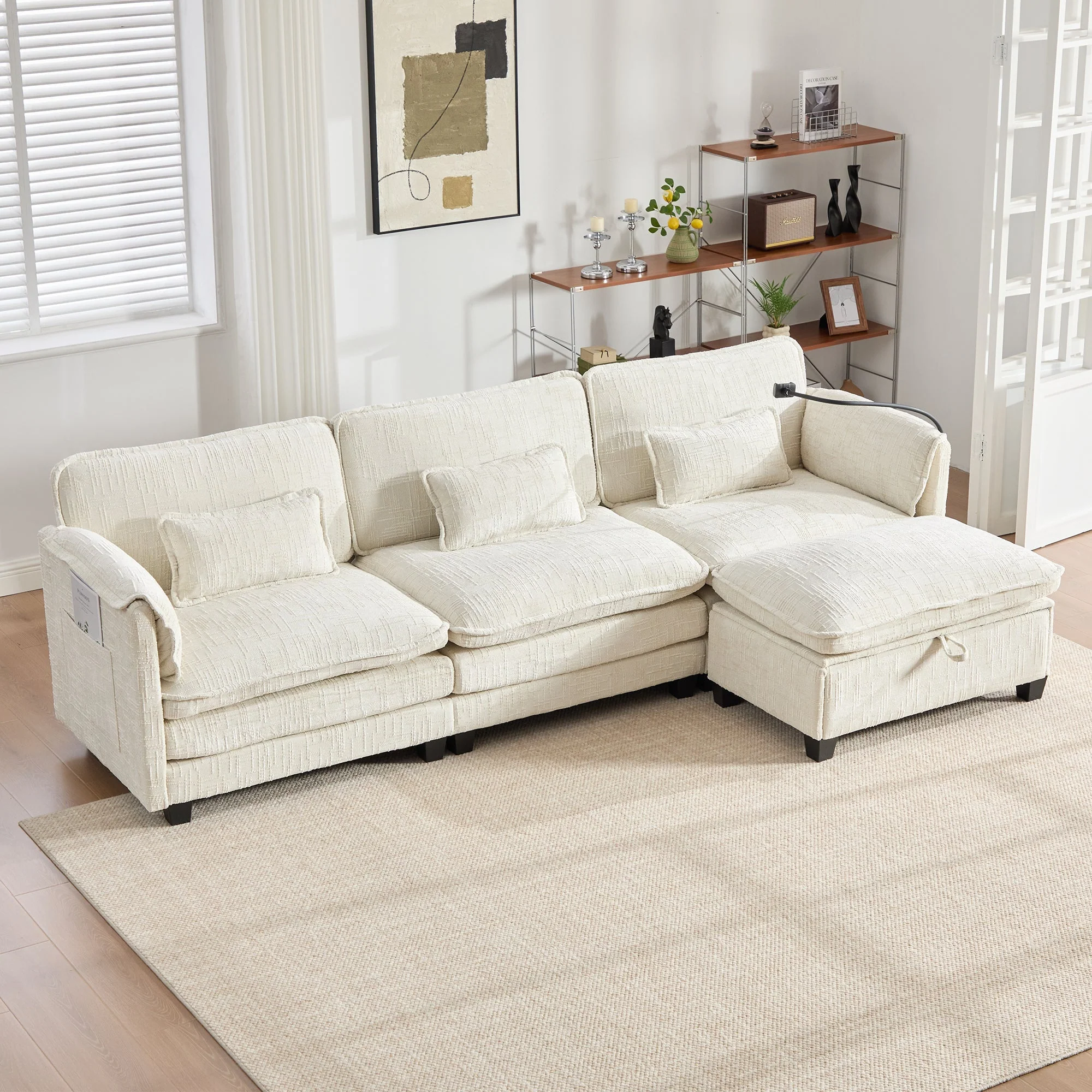 Modern 2-Seater Sofa USB Port Side Pocket Modular Footstool, Chenille Beige - Image 8