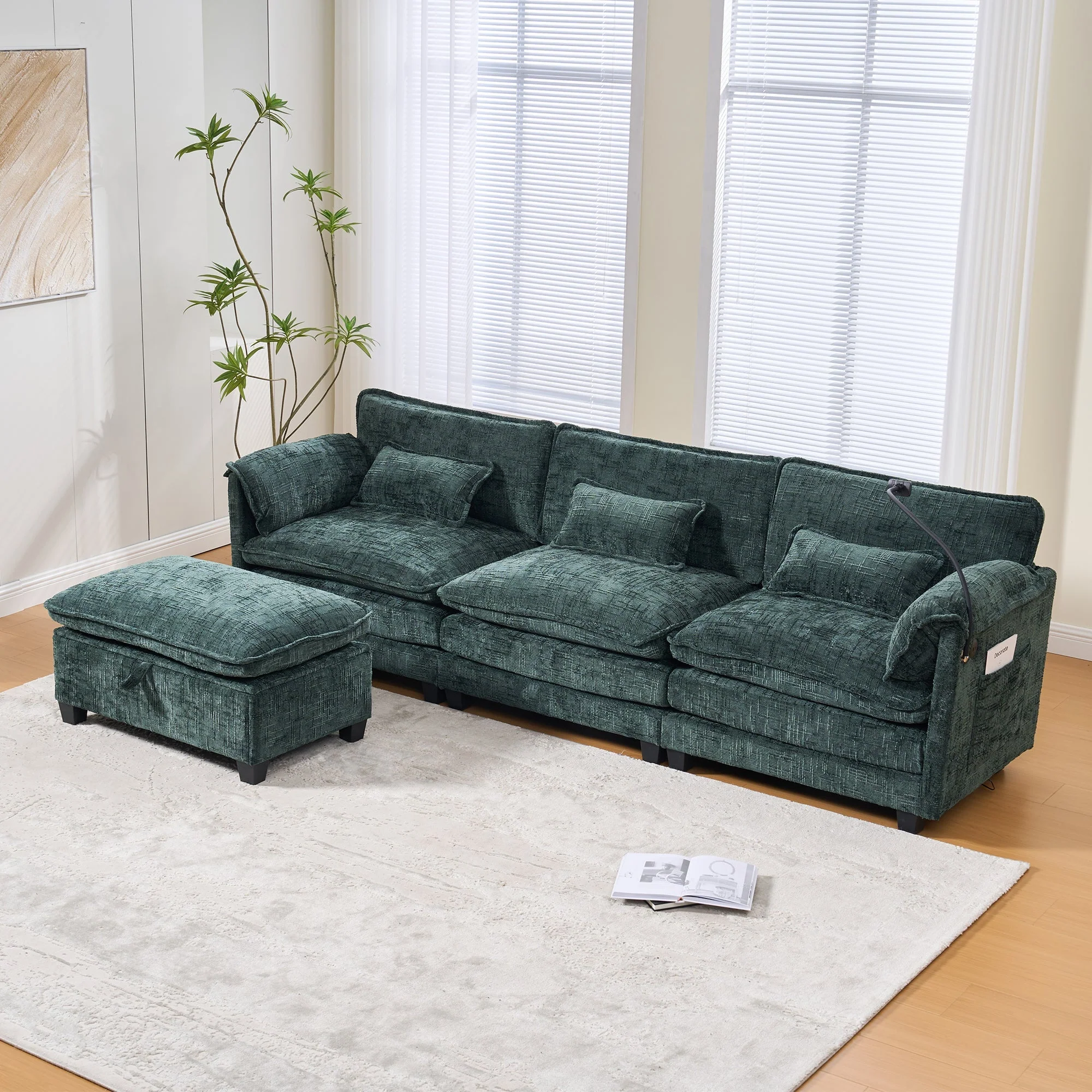 Modern 2-seater Sofa, USB Port Side Storage, Modular Footstool, Chenille Emerald - Image 8