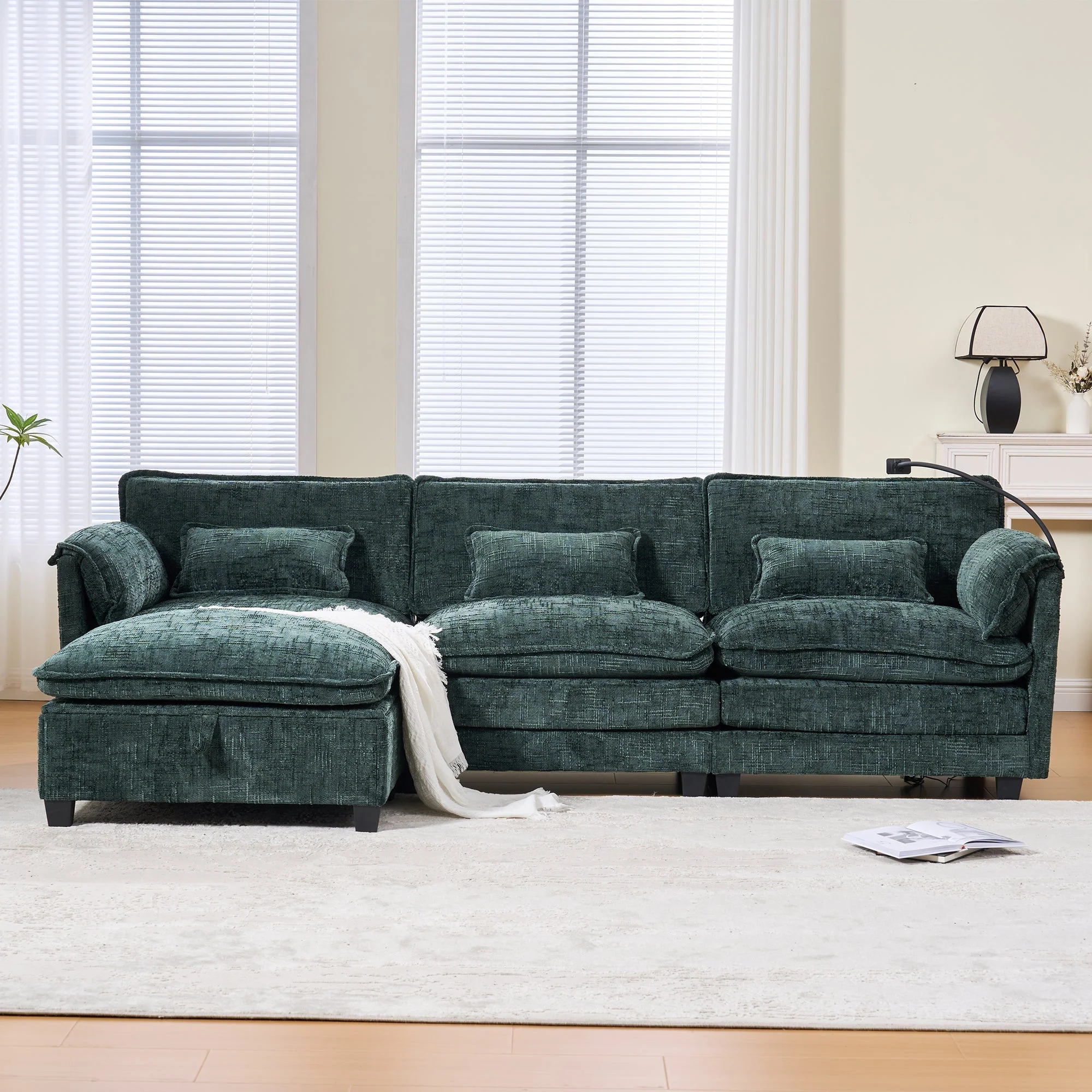 Modern 2-seater Sofa, USB Port Side Storage, Modular Footstool, Chenille Emerald - Image 9