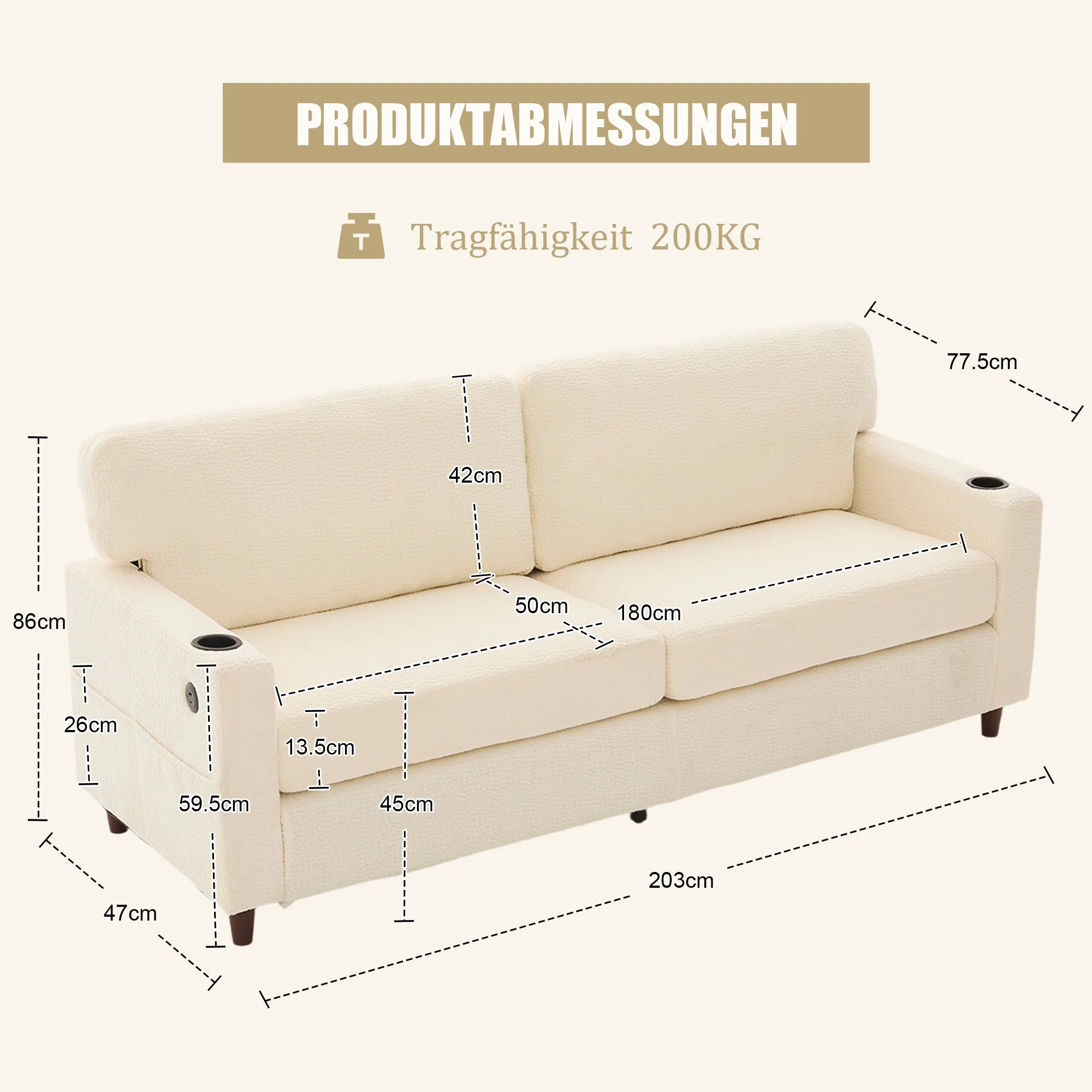 Modern 2-Seater Sofa with USB-C, LED Light, Cupholders, Chenille Beige - Image 2