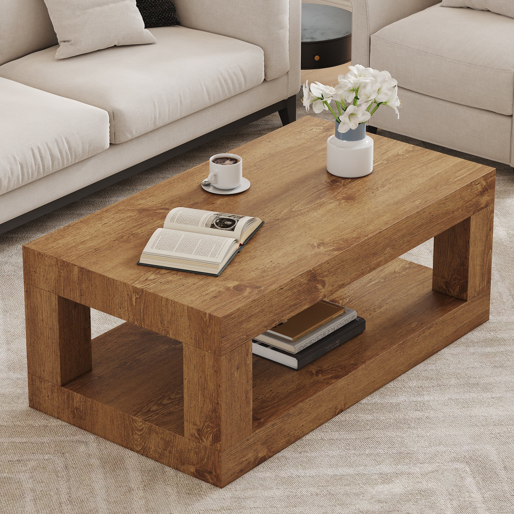 Modern 2-Tiered Coffee Table with Rectangular Open Storage Shelf, MDF - Image 2