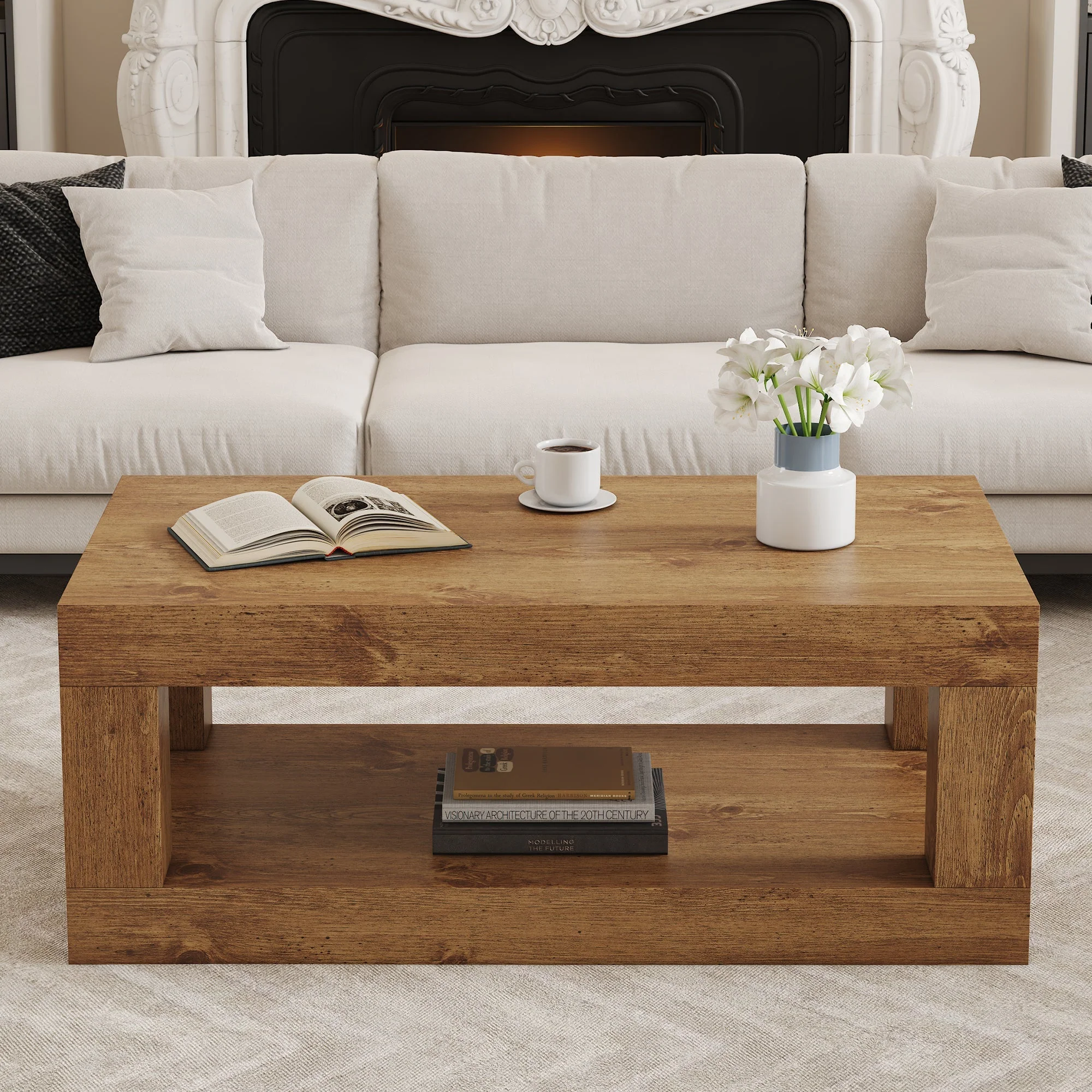 Modern 2-Tiered Coffee Table with Rectangular Open Storage Shelf, MDF - Image 3