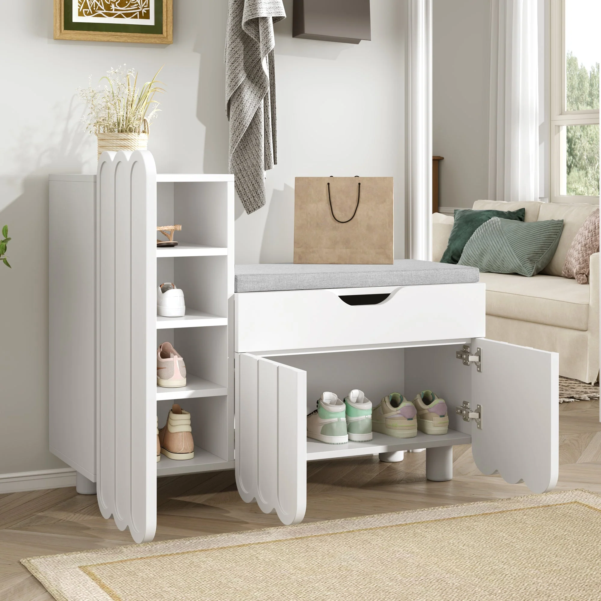 Modern 3-door shoe cabinet with drawer and seat cushion, white - Image 10