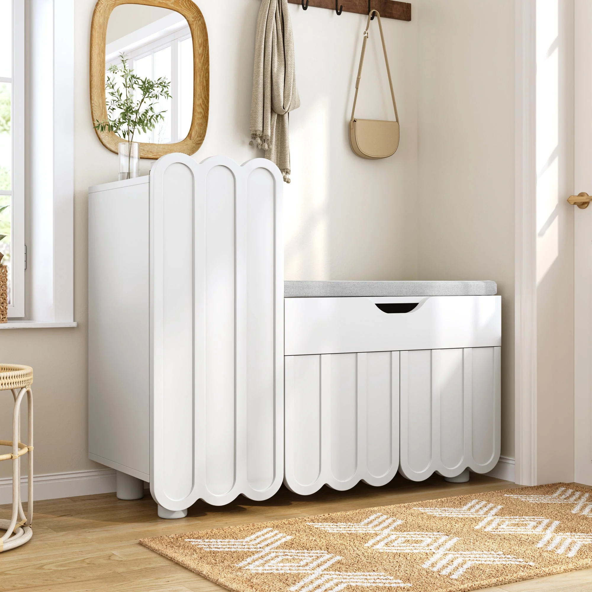 Modern 3-door shoe cabinet with drawer and seat cushion, white - Image 2