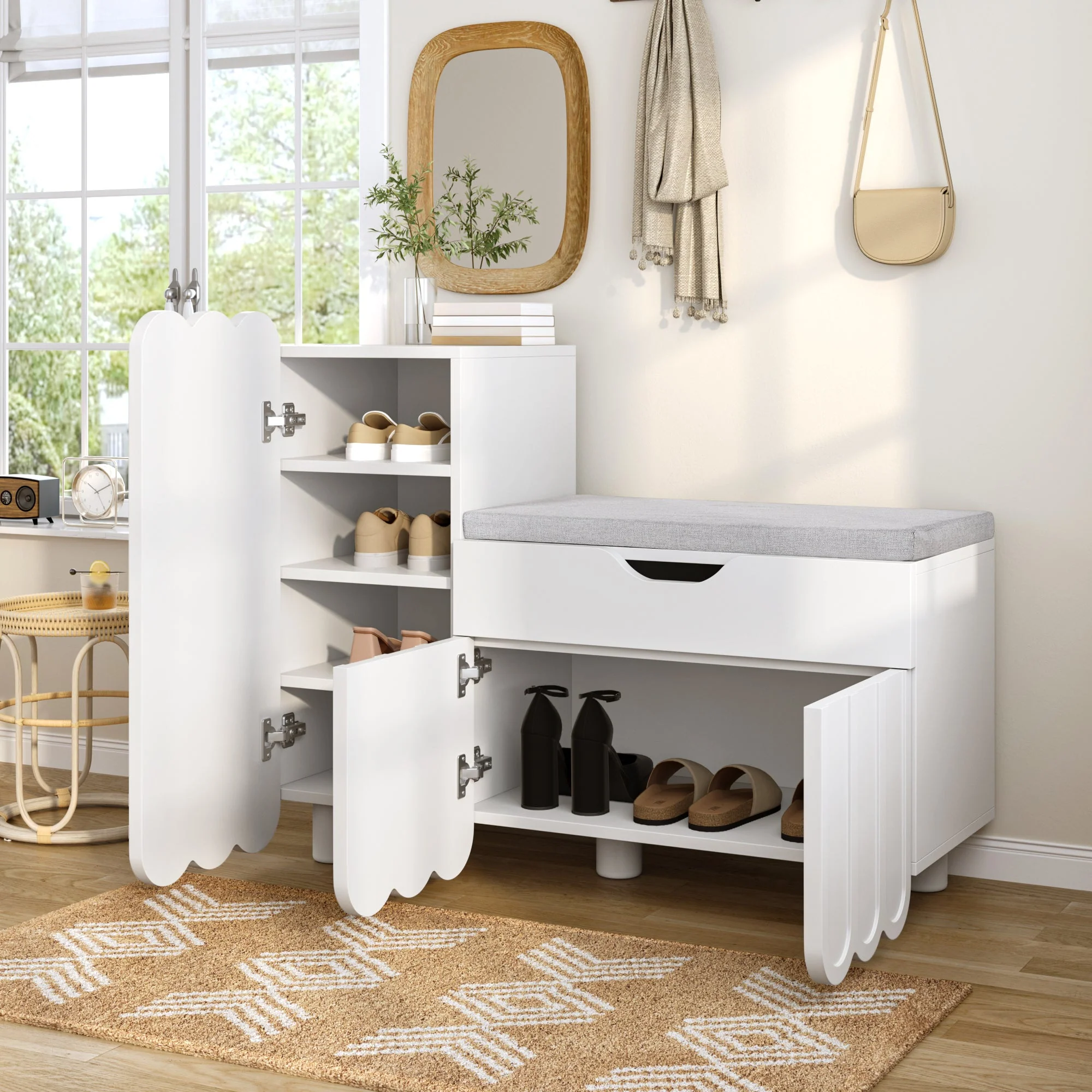 Modern 3-door shoe cabinet with drawer and seat cushion, white - Image 4