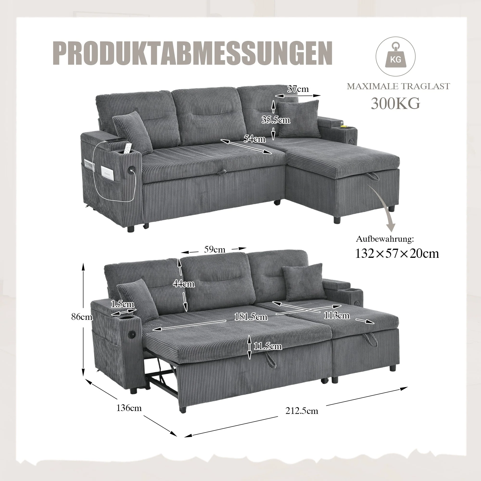 Modern 3-Seater Sofa with Storage, Cup Holders and USB-C Charging, Corduroy - Image 2