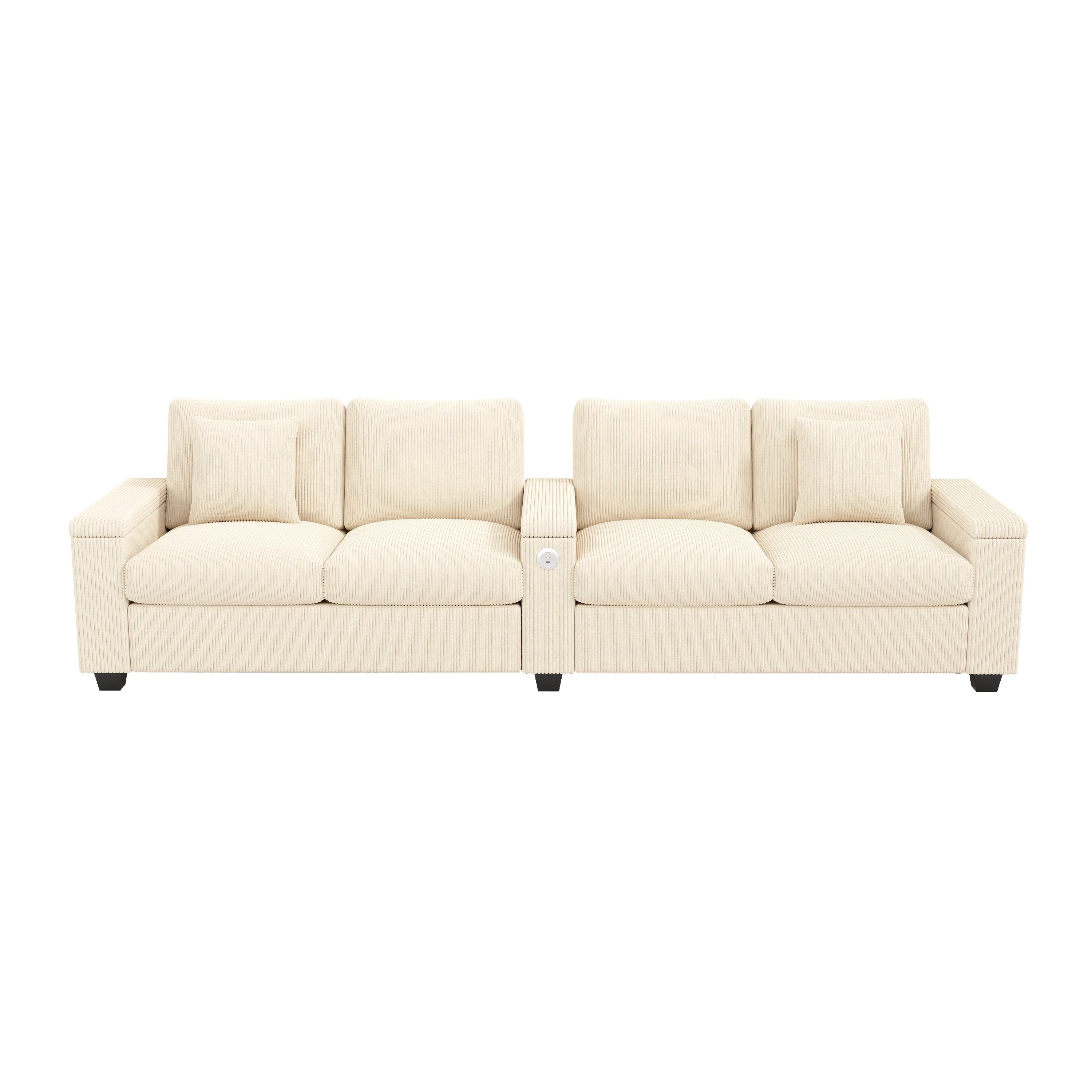 Modern 4-Seater Corduroy Sofa with USB Charging and Storage, Beige - Image 10
