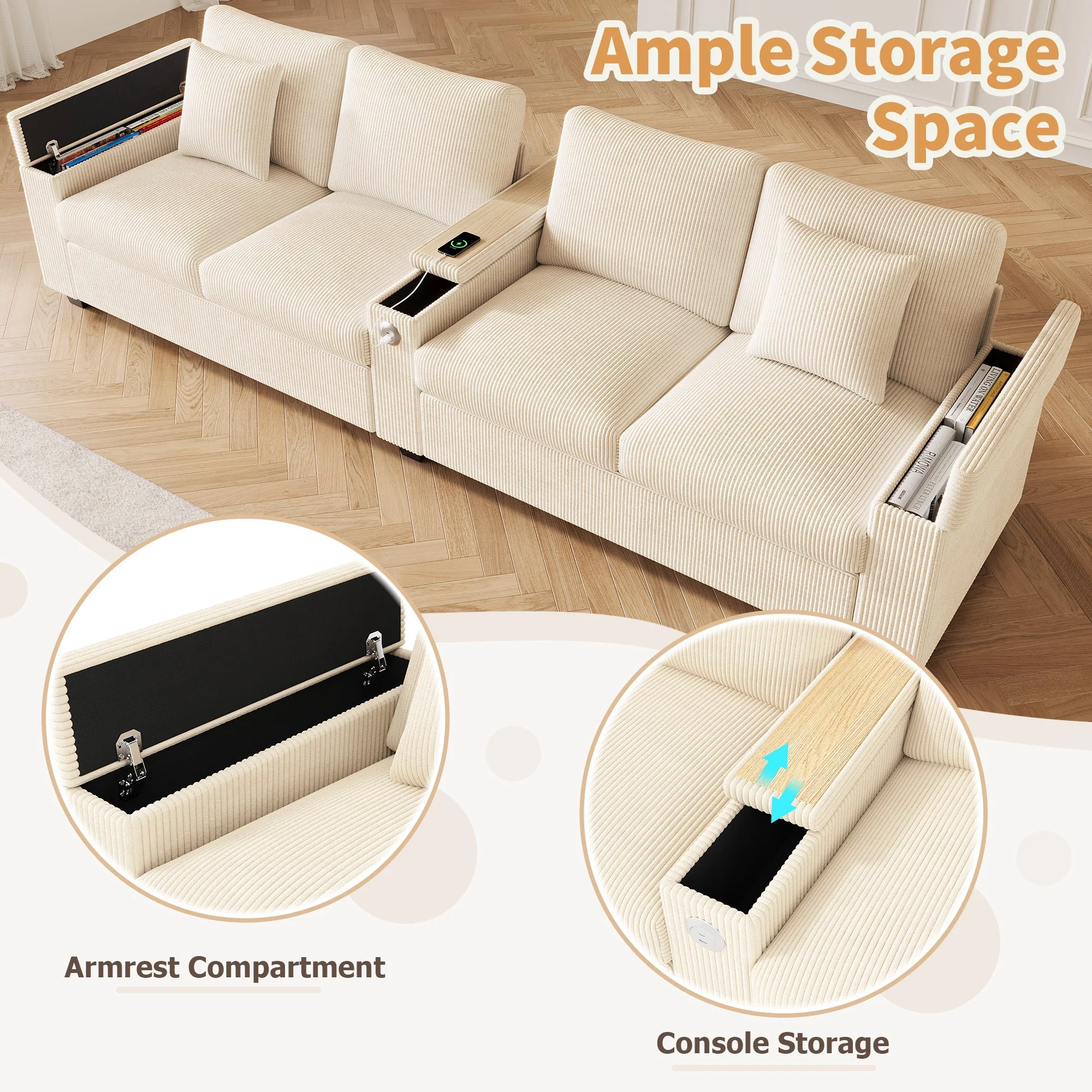 Modern 4-Seater Corduroy Sofa with USB Charging and Storage, Beige - Image 7