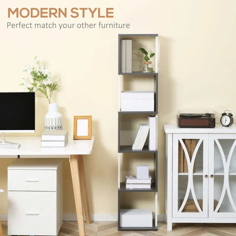 Modern 5-Tier Bookshelf Freestanding Storage Shelving White and Dark Grey - Image 4