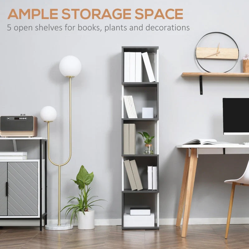Modern 5-Tier Bookshelf Freestanding Storage Shelving White and Dark Grey - Image 5