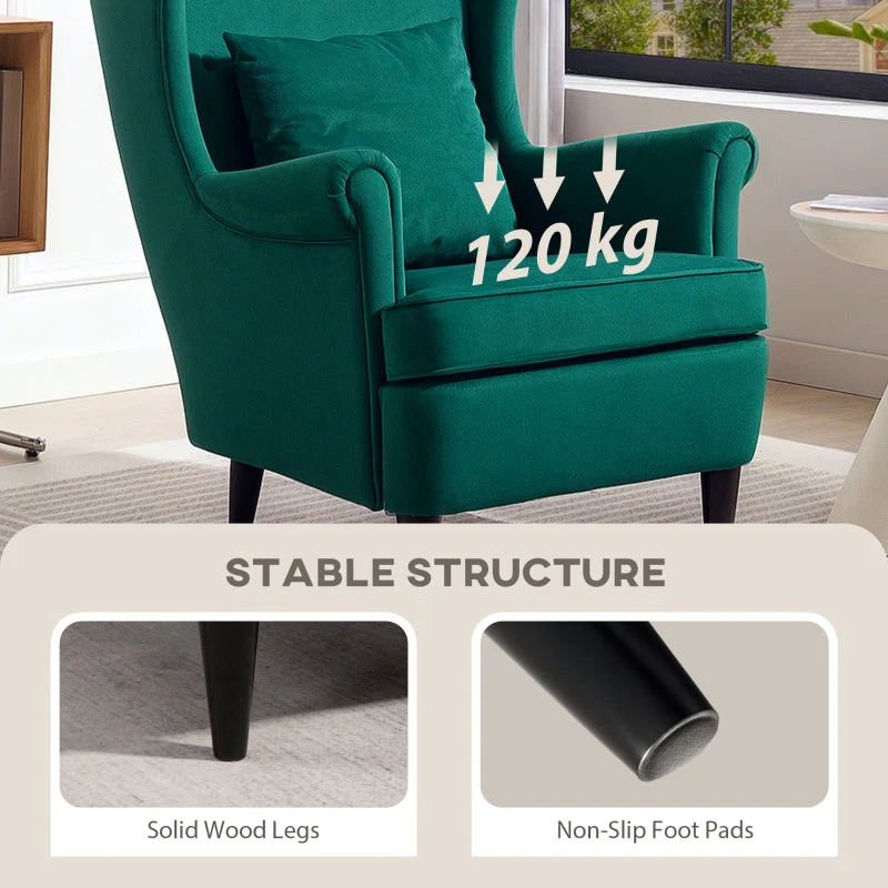 Modern Accent Chair, High Back Wingback Armchair with Pillow, Dark Green Velvet-Feel Fabric - Image 6