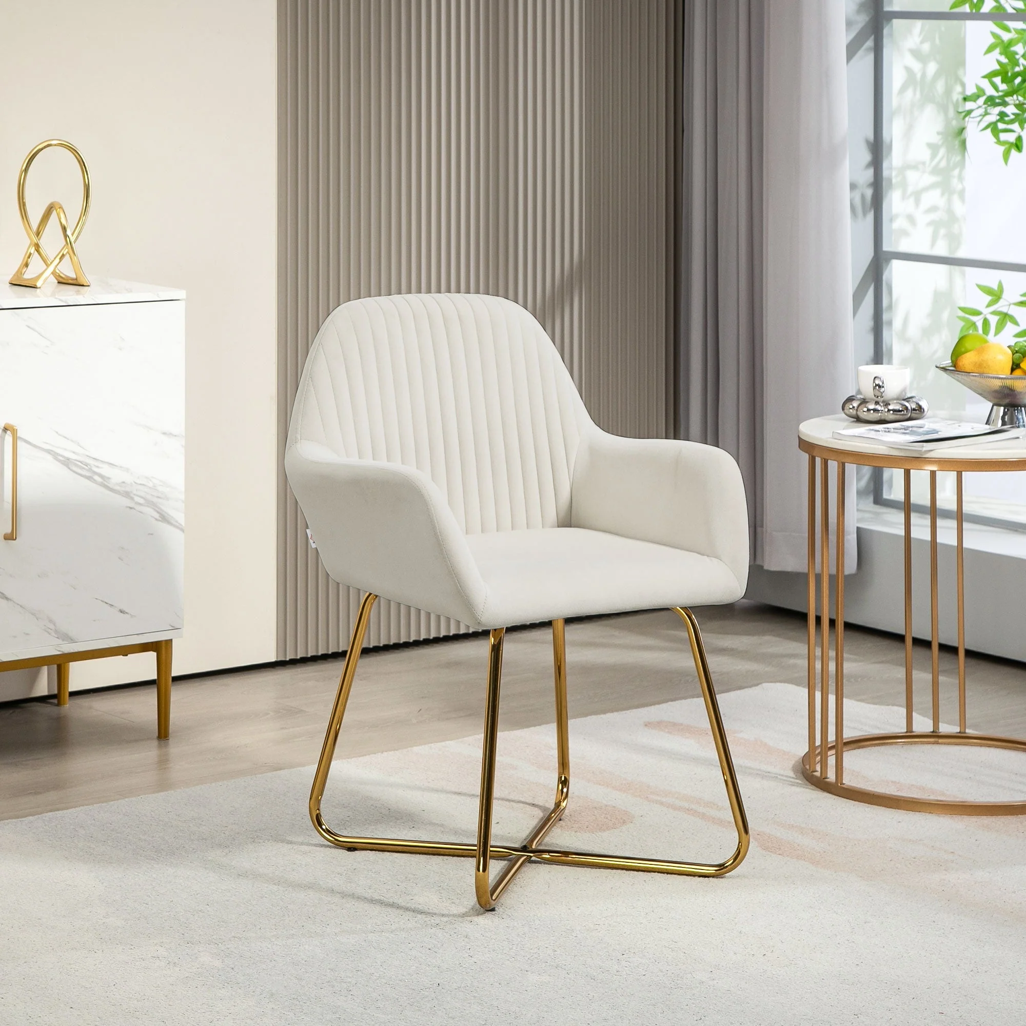 Modern Arm Chair Upholstered Accent Chair with Metal Base, Cream White