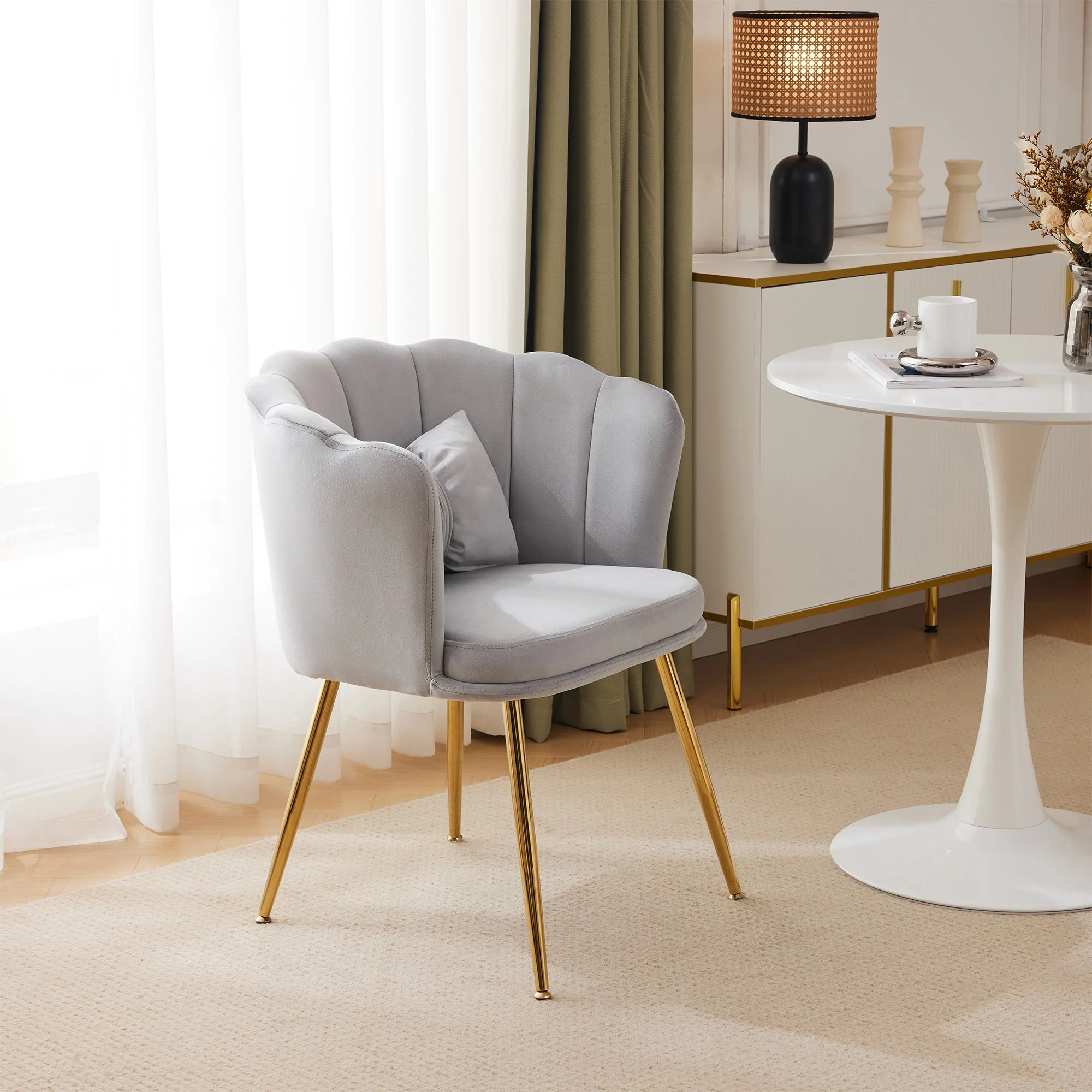 Modern Armchair, Velvet Upholstered Petal Back with Gold-Plated Metal Legs - Image 3