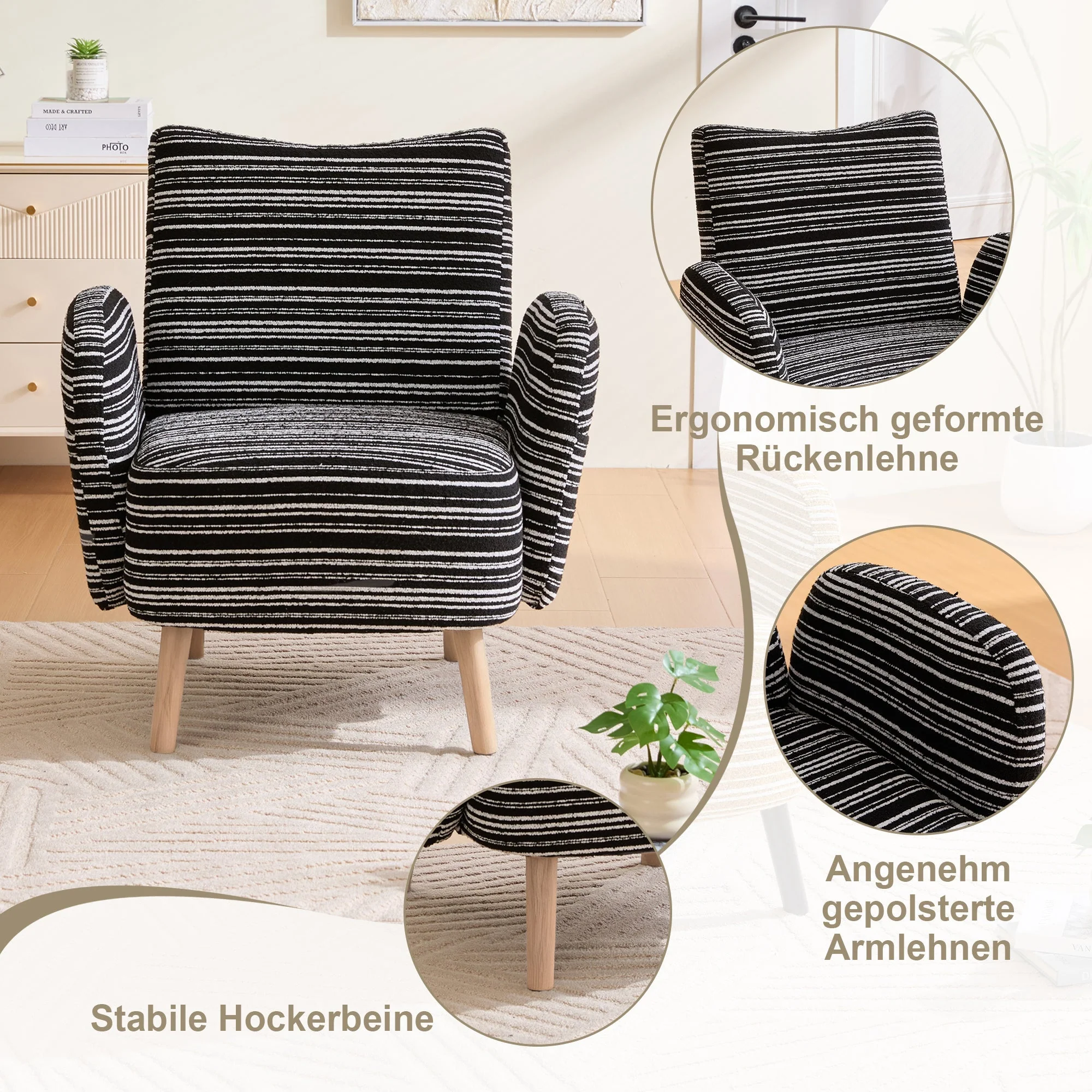 Modern Armchair with Side Pocket and Solid Wood Legs, Circular Pattern Fabric - Image 13