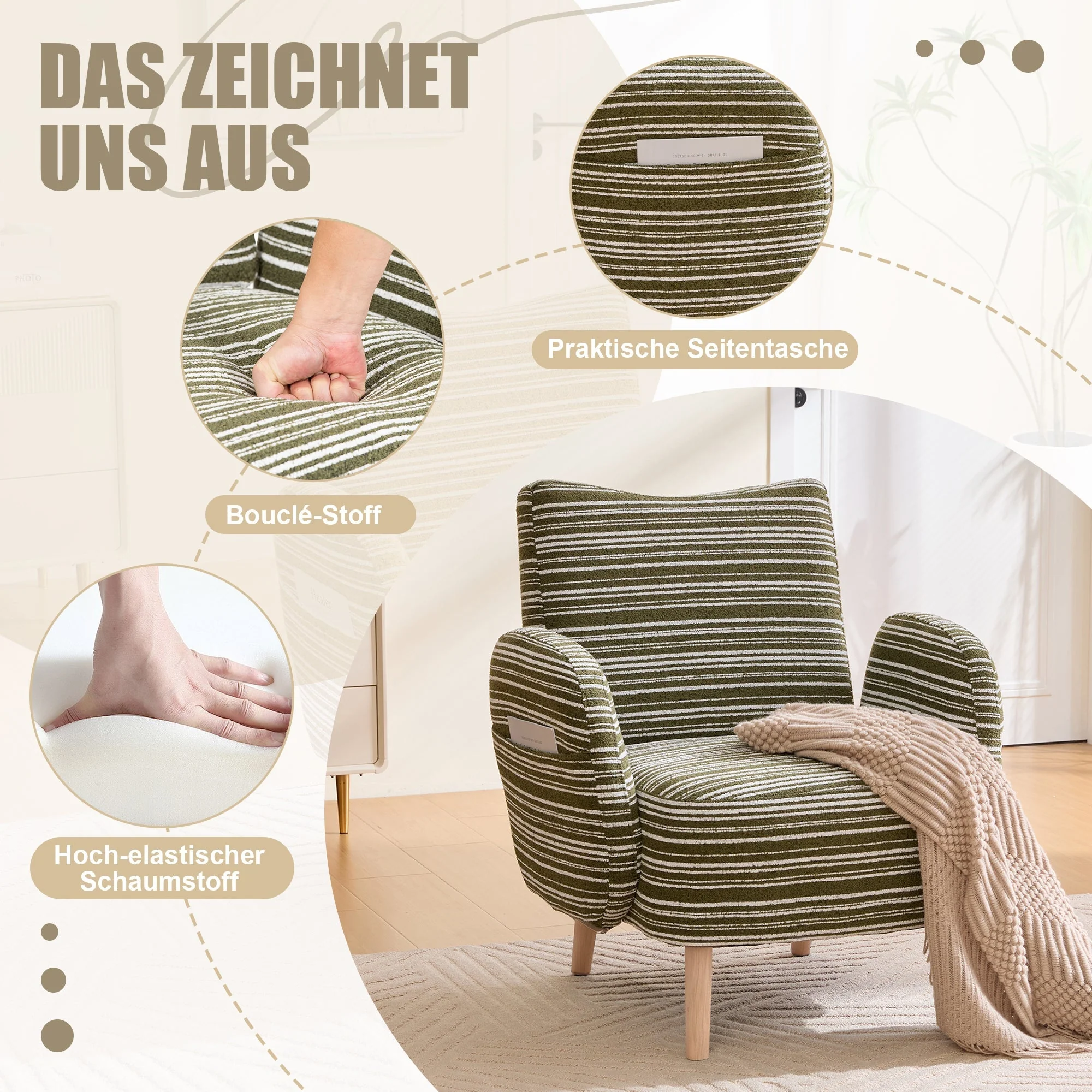 Modern Armchair with Side Pocket and Solid Wood Legs, Circular Pattern Fabric - Image 2