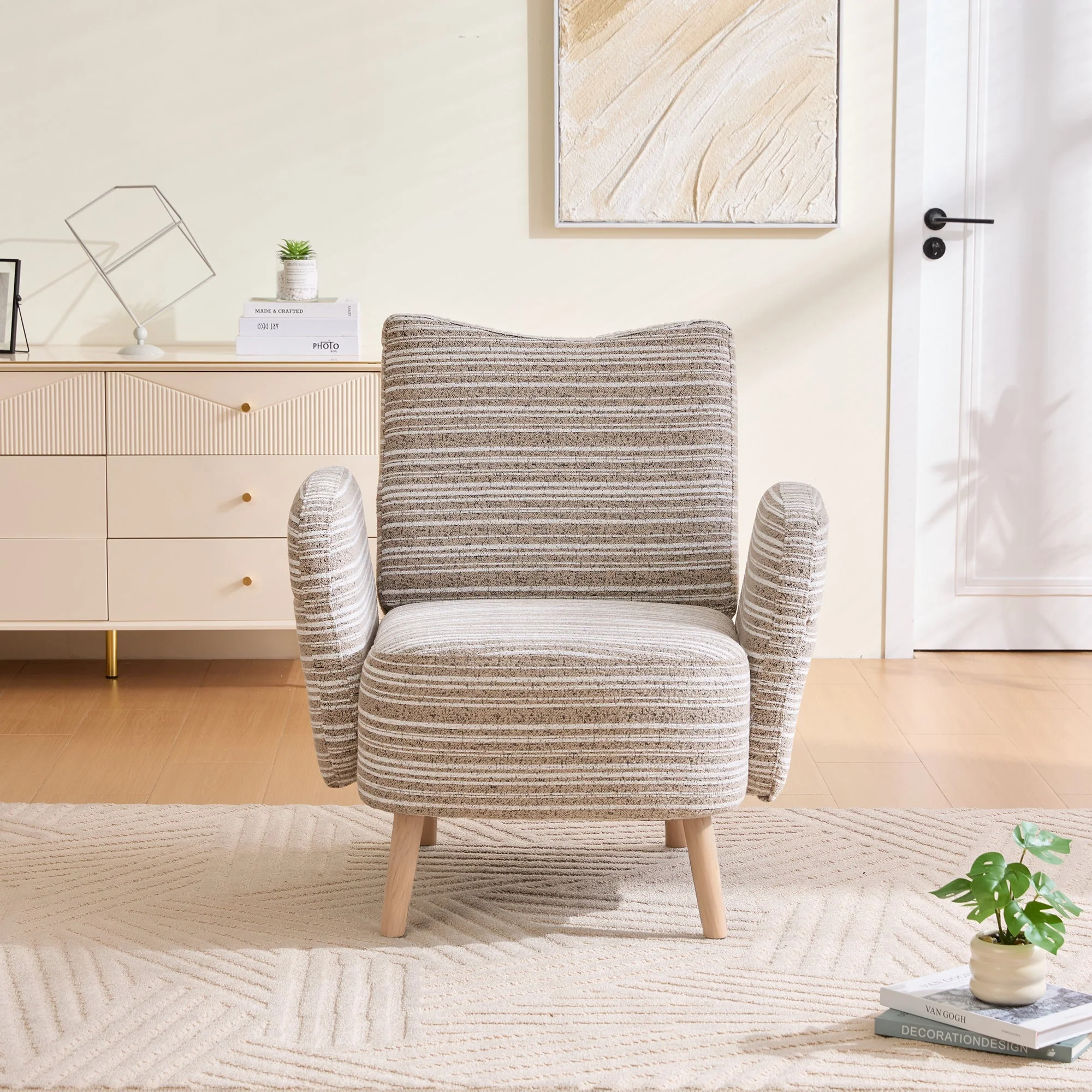 Modern Armchair with Side Pocket and Solid Wood Legs, Fabric with Circular Pattern - Image 8