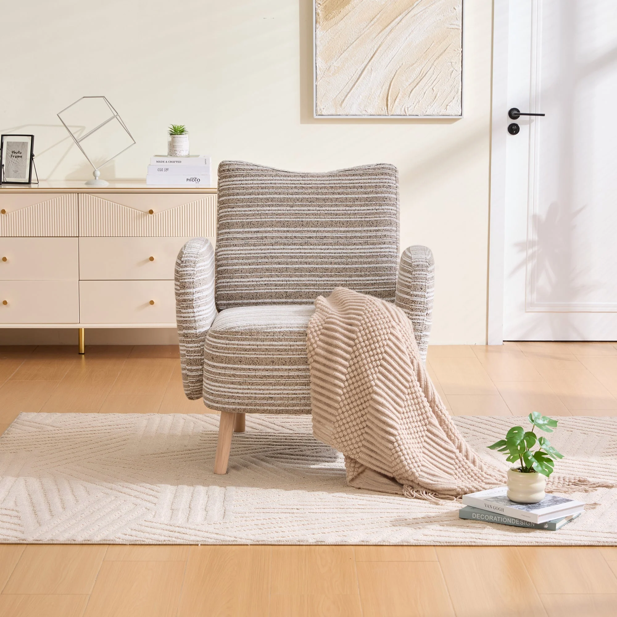 Modern Armchair with Side Pocket and Solid Wood Legs, Fabric with Circular Pattern - Image 9