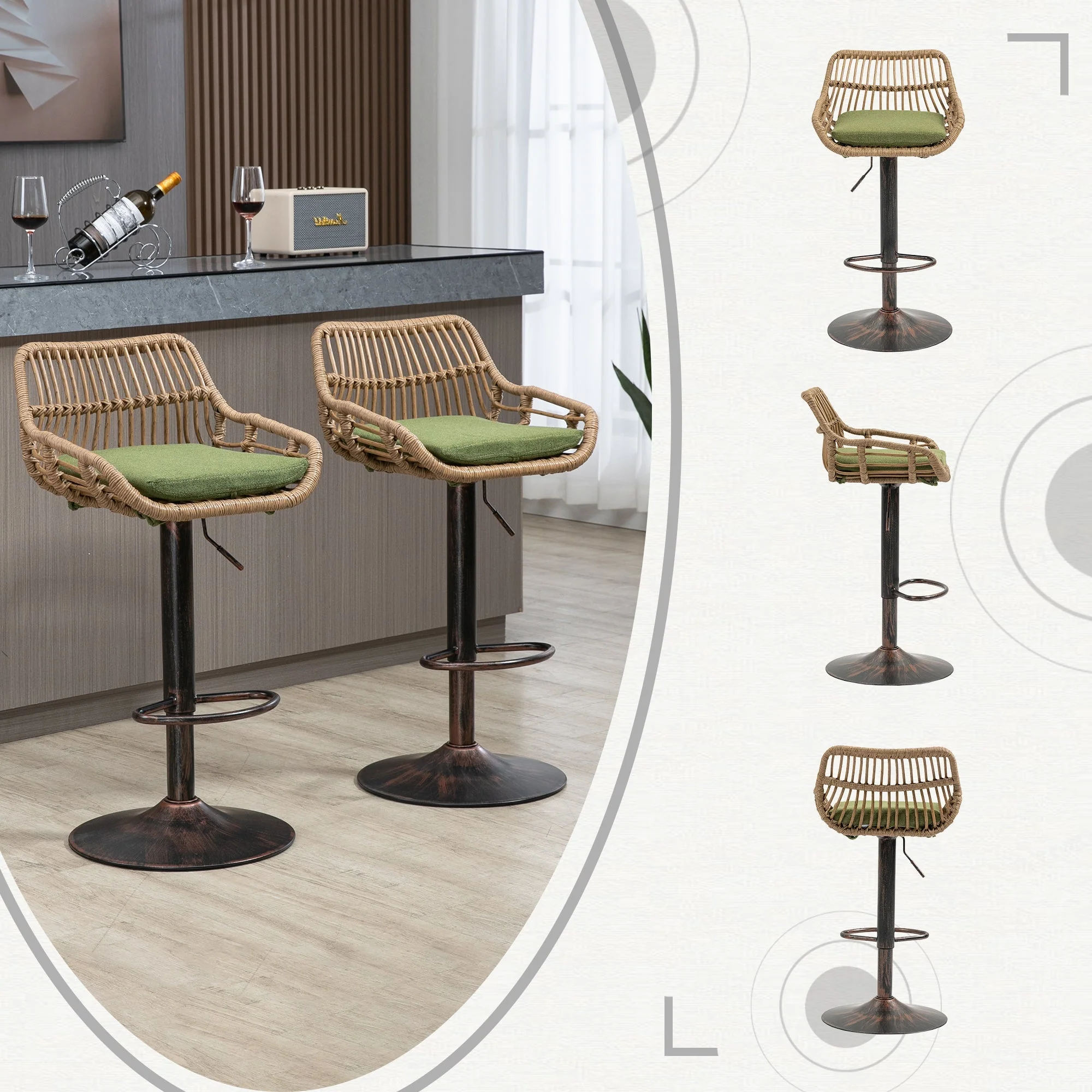 Modern Bar Stool Set of 2 Adjustable Chairs with Footrest, Green - Image 3