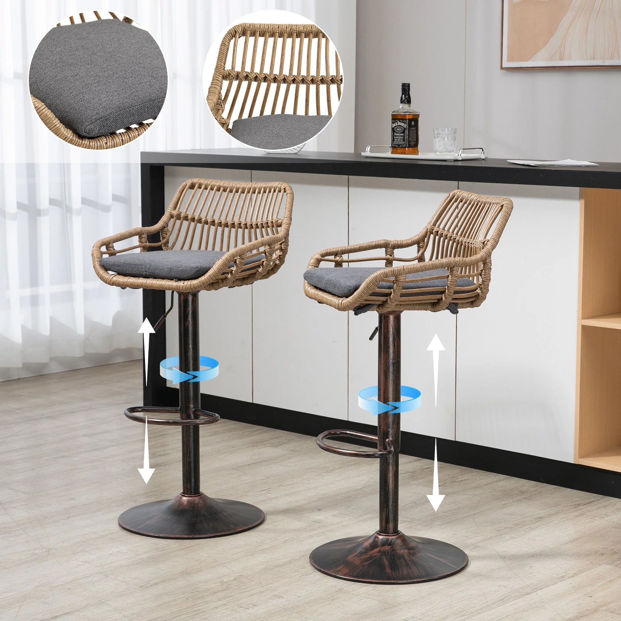 Modern Bar Stool Set of 2, Adjustable, Footrest, Gray