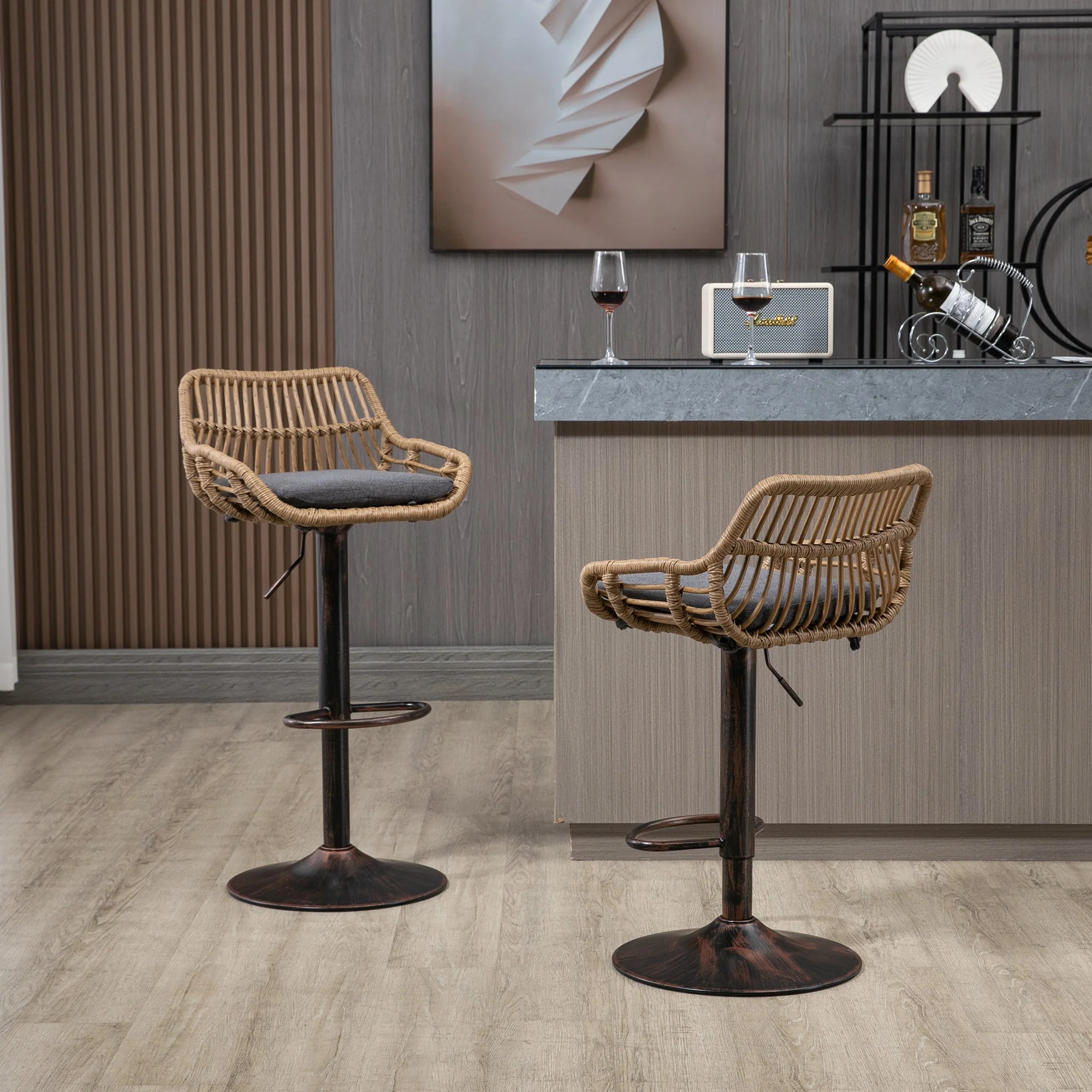 Modern Bar Stool Set of 2, Adjustable, Footrest, Gray - Image 8