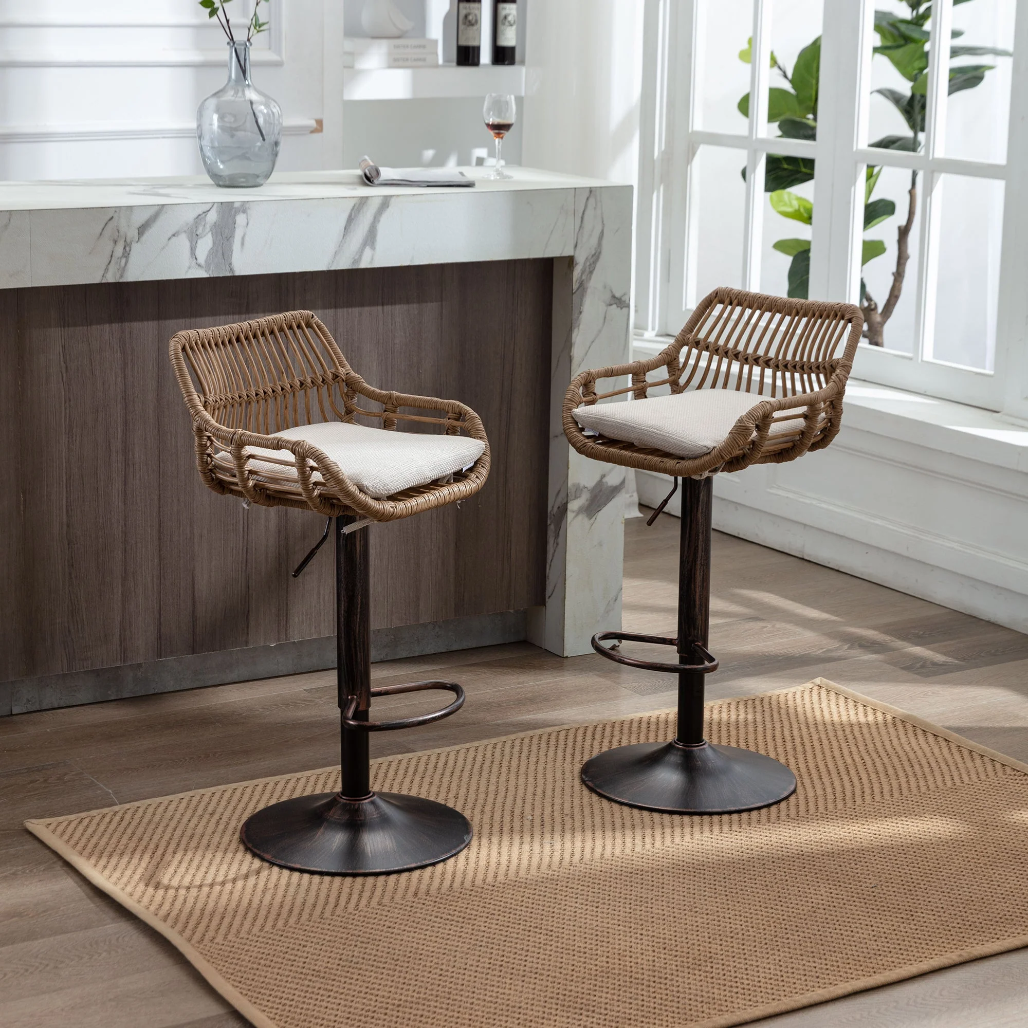 Modern Bar Stool Set of 2, Adjustable with Footrest, Beige - Image 7
