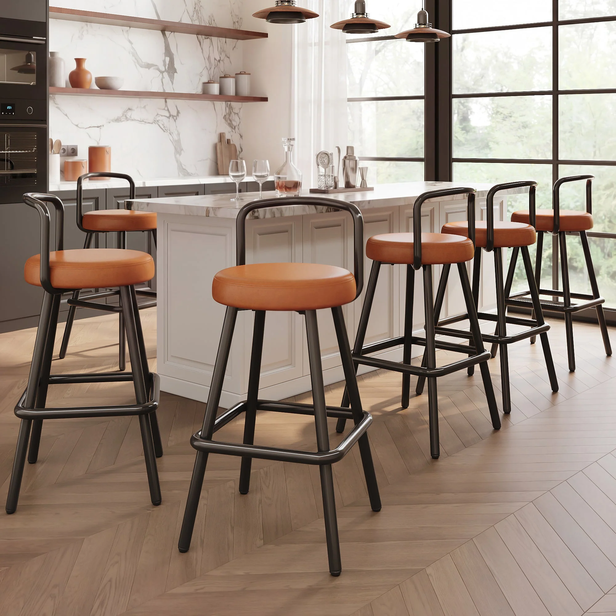 Modern Bar Stool Set of 6 with Ergonomic Backrest and Footrest, Brown PU Leather