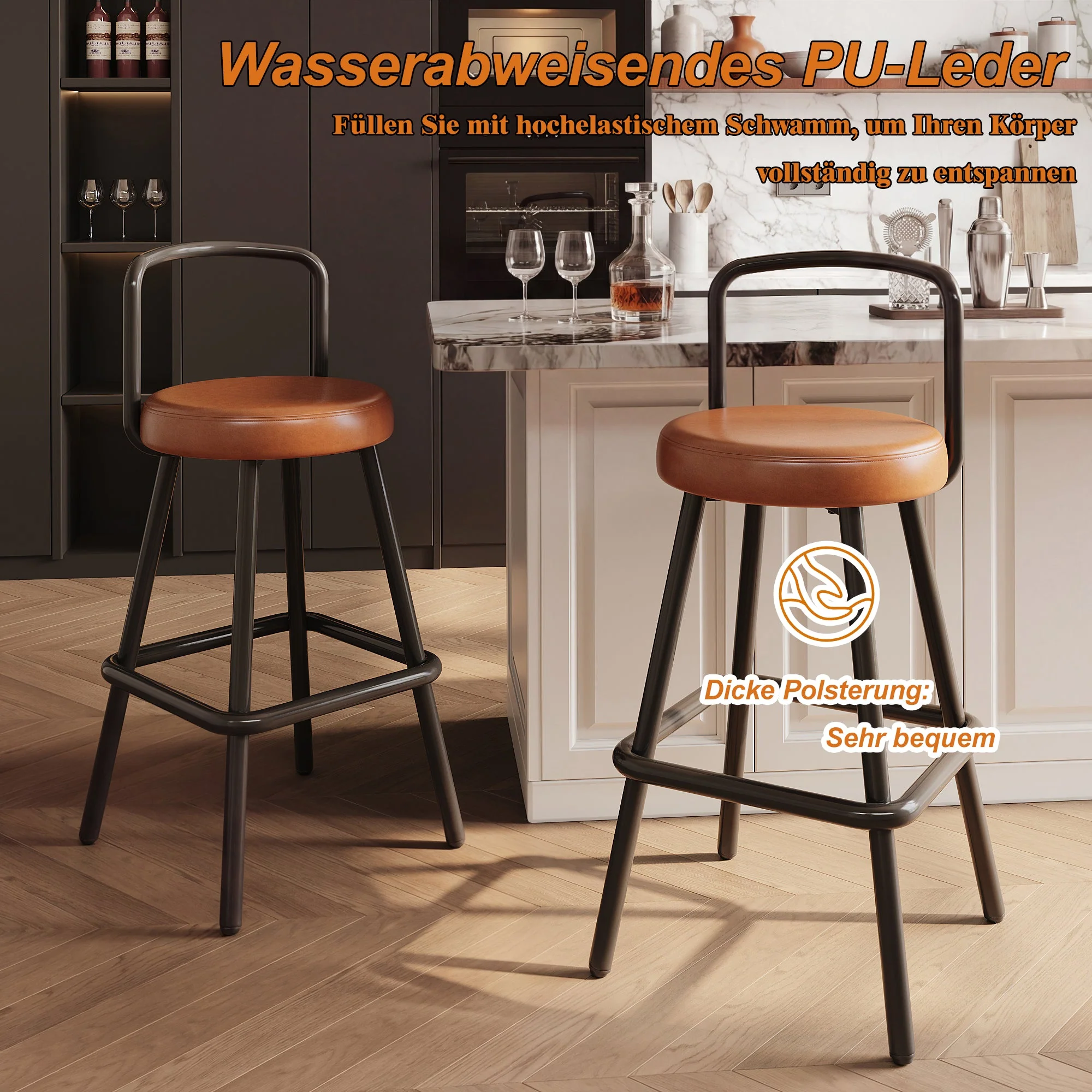 Modern Bar Stool Set of 6 with Ergonomic Backrest and Footrest, Brown PU Leather - Image 7