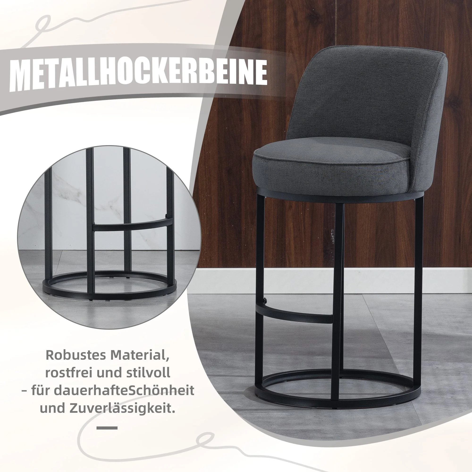 Modern Bar Stools Duo Set with Upholstered Seat and Metal Legs, Linen Upholstery - Image 3