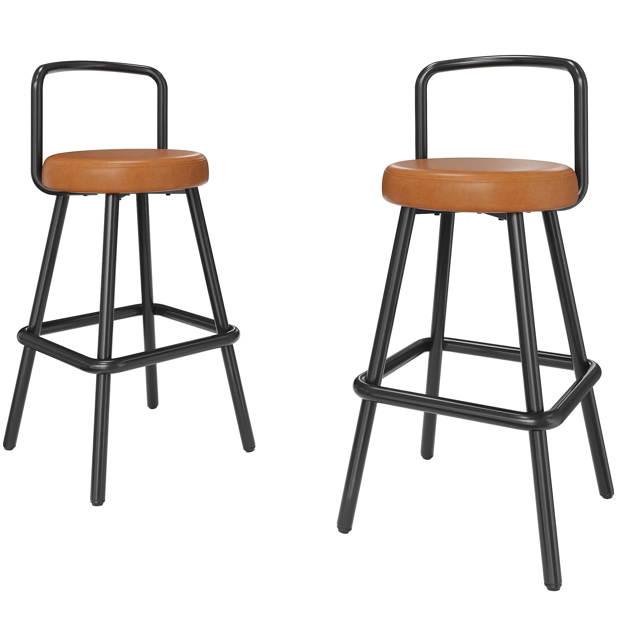 Modern Bar Stools Set of 2 with Ergonomic Backrest and Footrest, PU Leather and Iron, Brown - Image 2