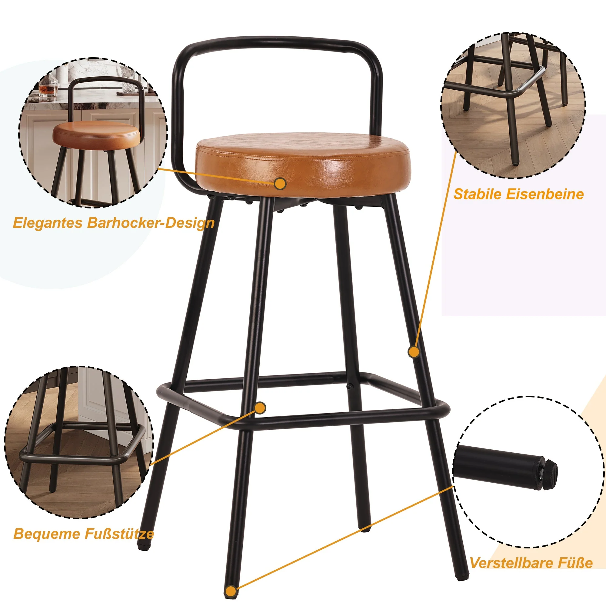 Modern Bar Stools Set of 2 with Ergonomic Backrest and Footrest, PU Leather and Iron, Brown - Image 7