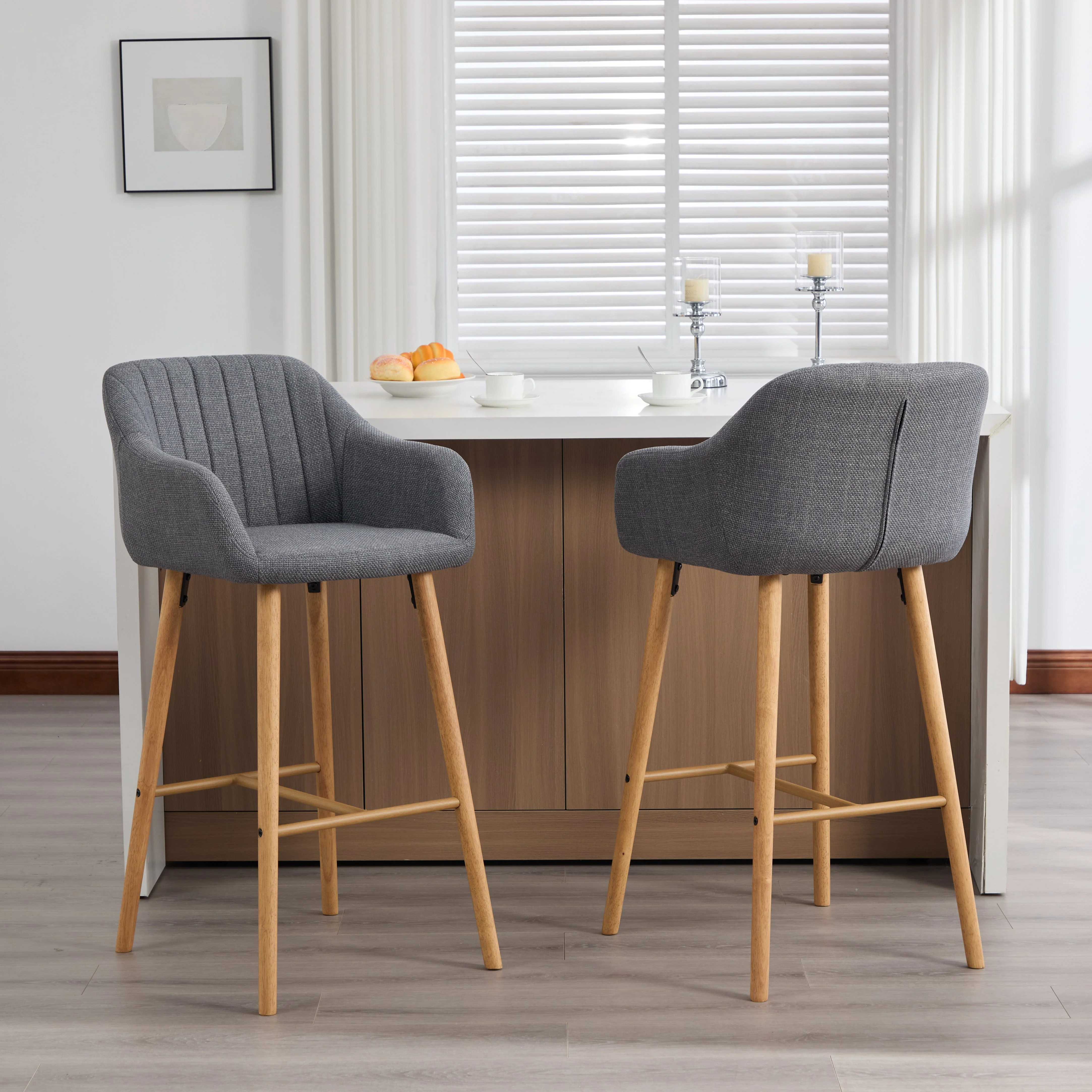Modern Bar Stools Set of 2 with High Backrest and Armrests, Beige Linen - Image 6