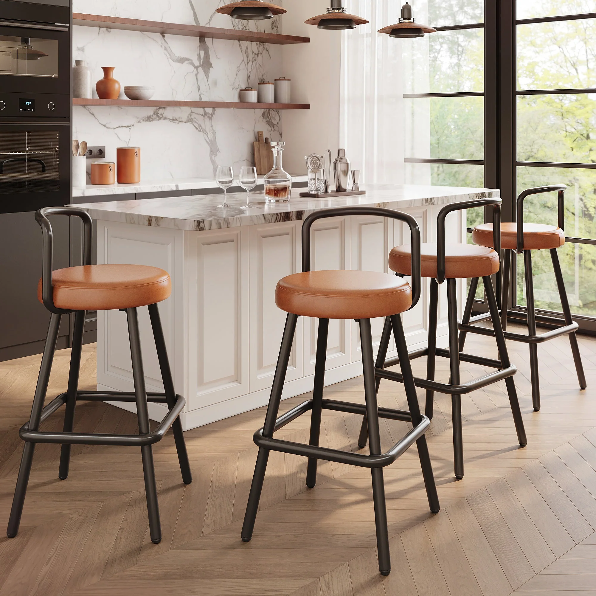 Modern Bar Stools Set of 4, Ergonomic Backrest with Footrest, PU Leather and Iron, Brown