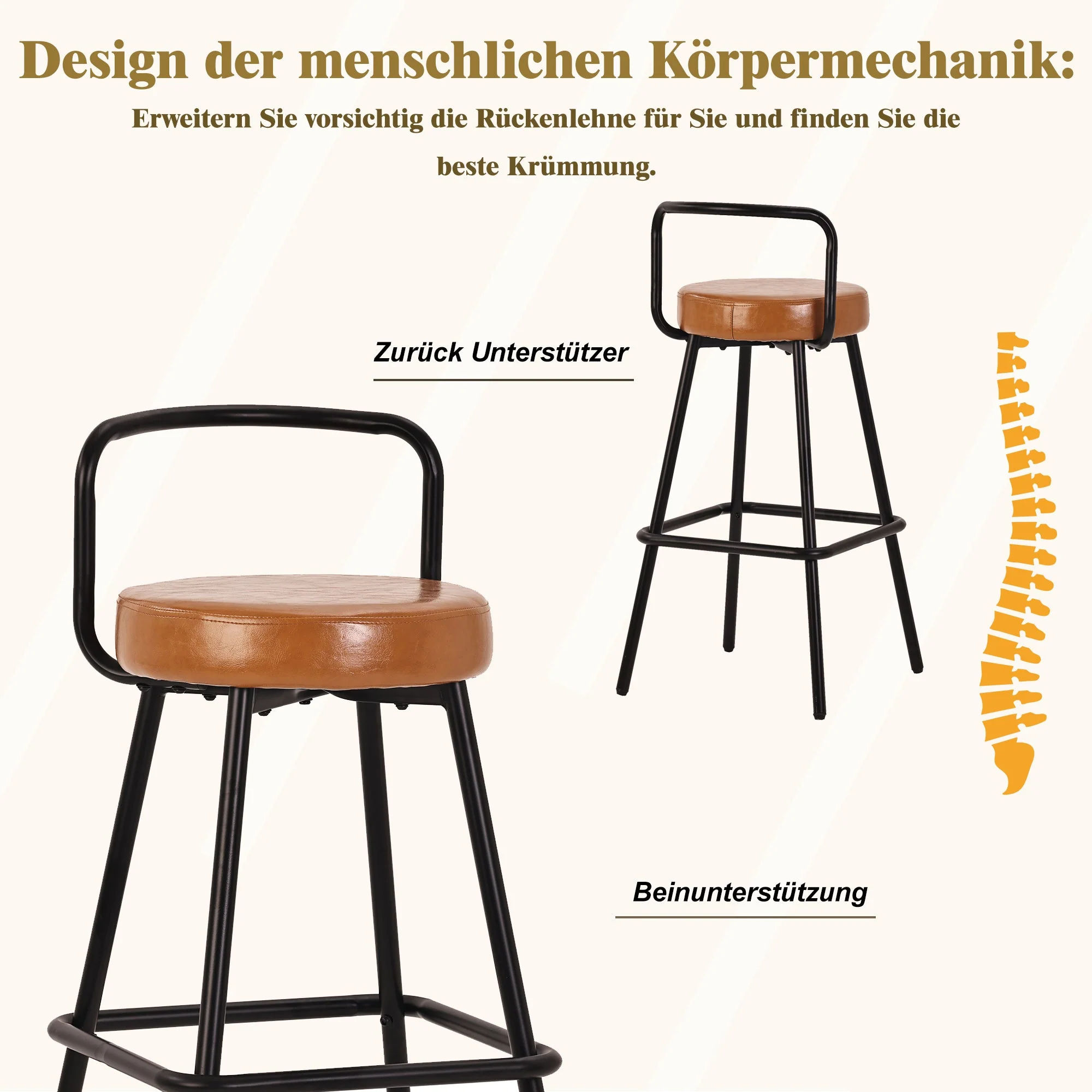 Modern Bar Stools Set of 4, Ergonomic Backrest with Footrest, PU Leather and Iron, Brown - Image 6
