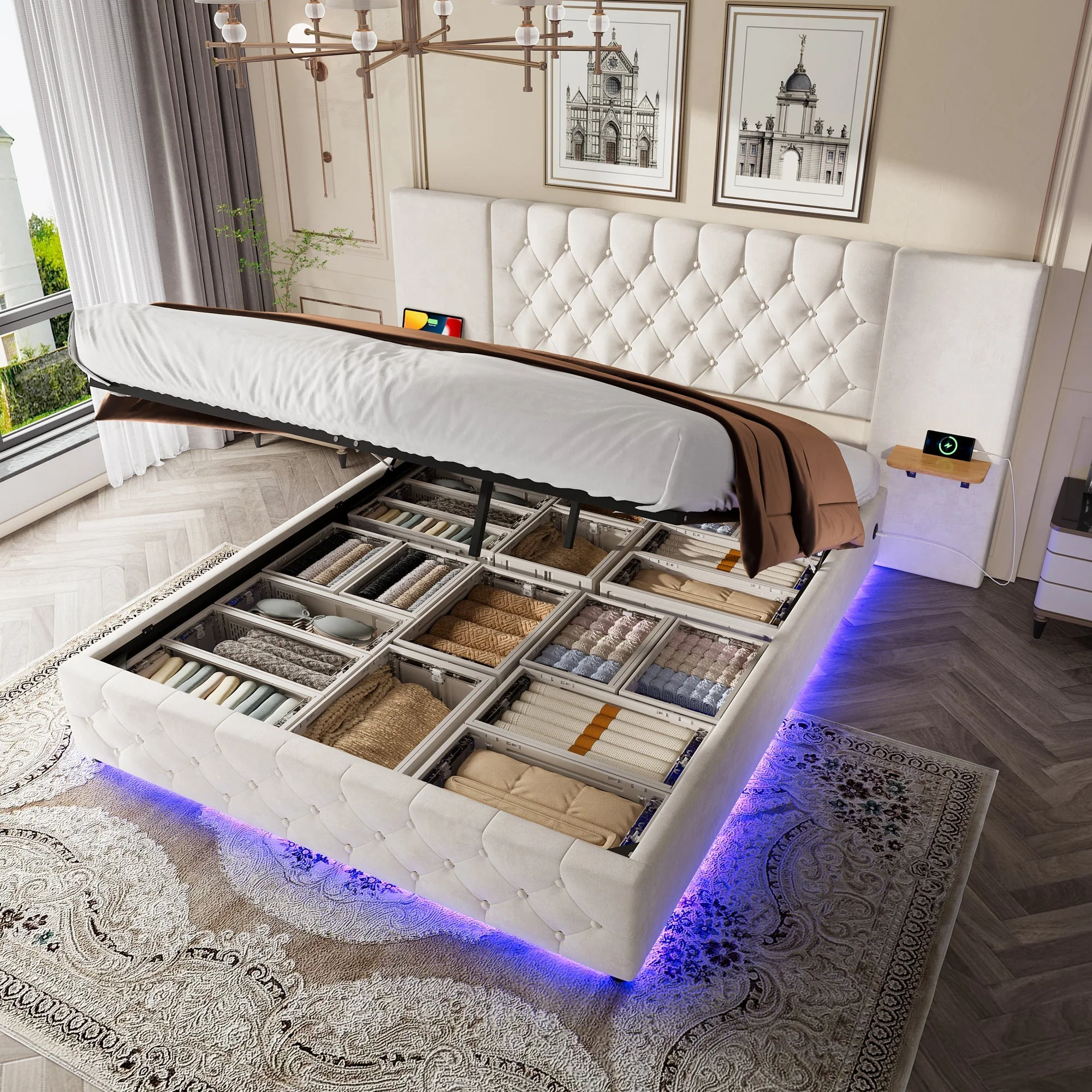 Modern Bed Frame 135x190, Wide Headboard, LED, USB-C Ports, Hydraulic Lift Storage, Beige