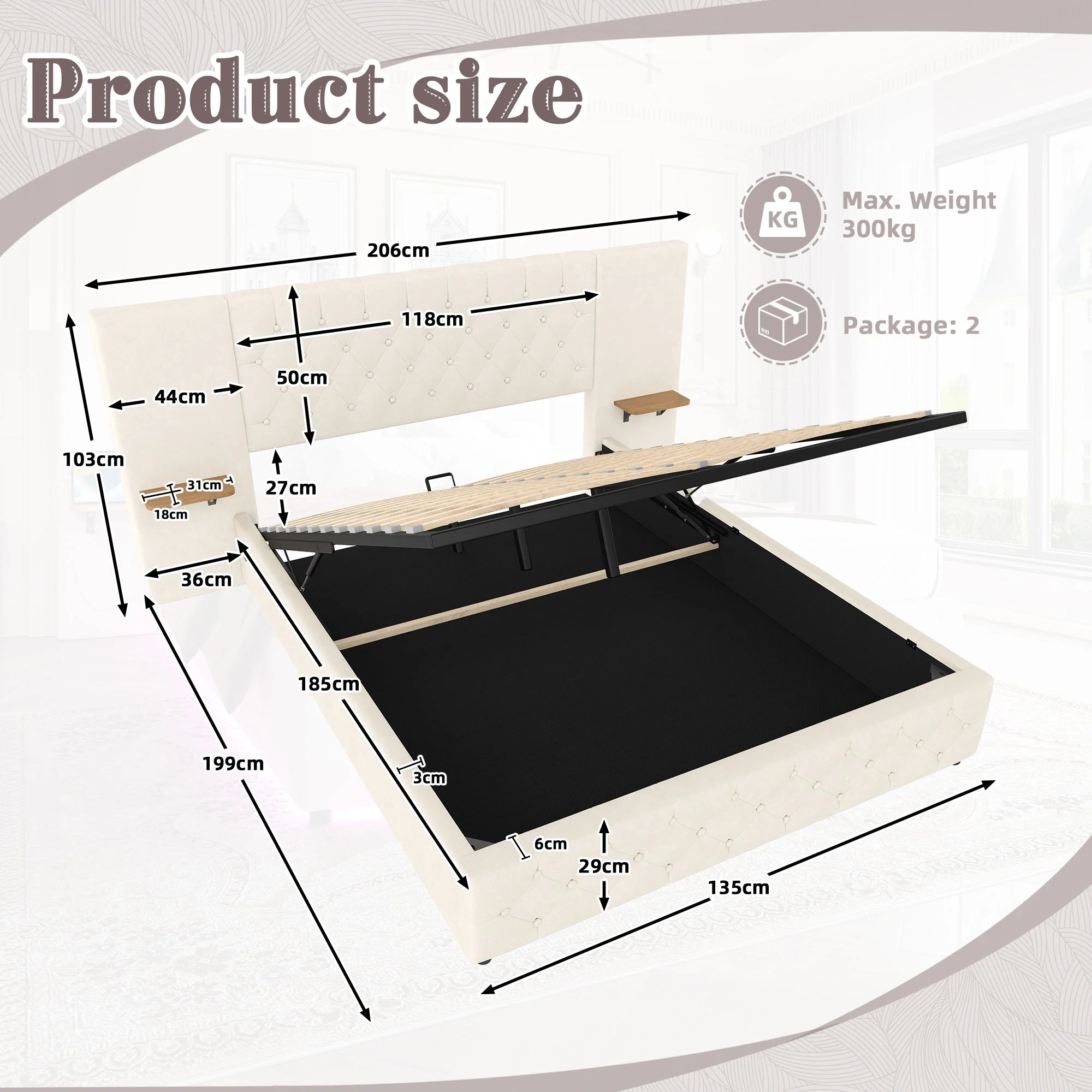 Modern Bed Frame 135x190, Wide Headboard, LED, USB-C Ports, Hydraulic Lift Storage, Beige - Image 2