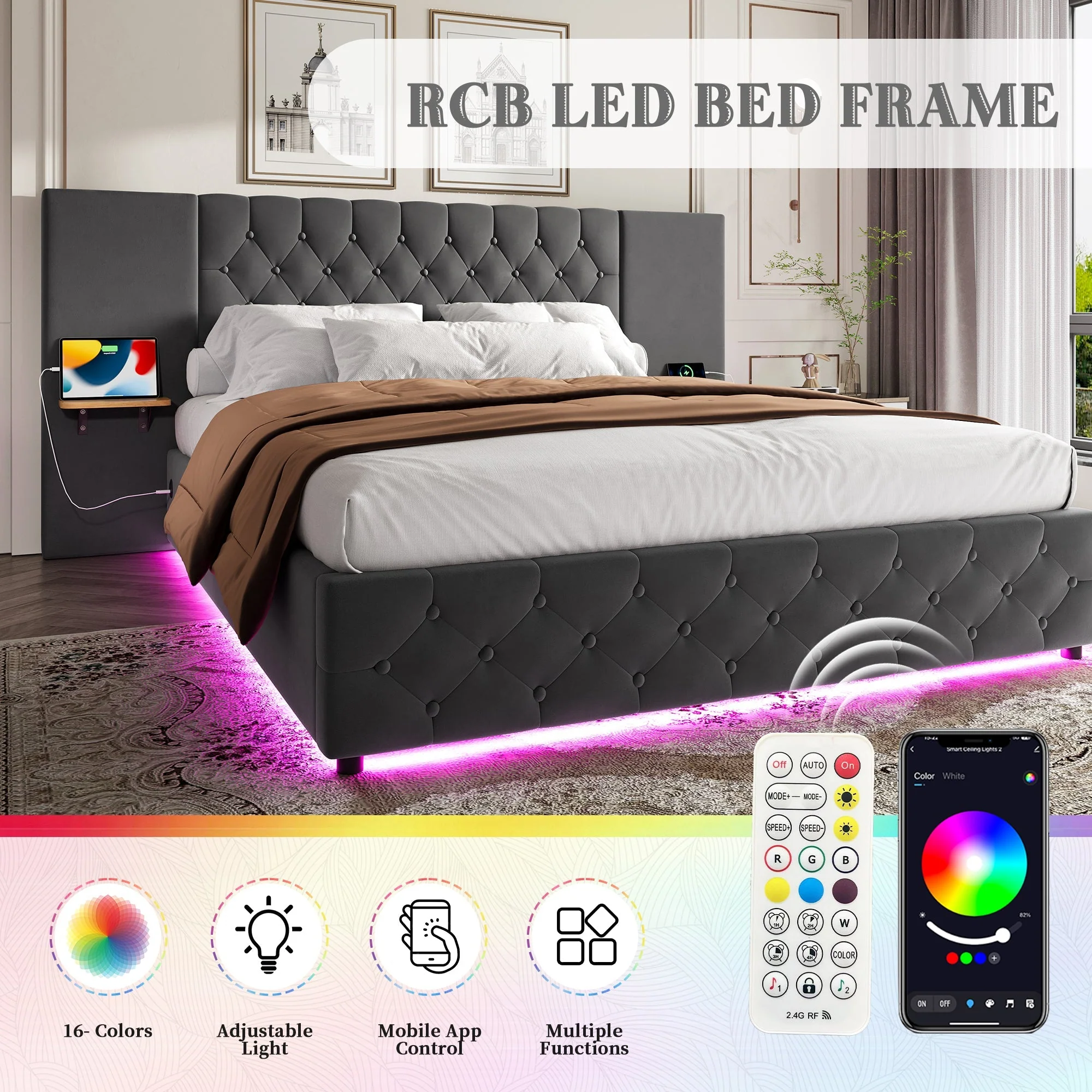 Modern Bed Frame 150x200cm, Wide Headboard, LED, USB-C Ports, Hydraulic Storage, Gray - Image 6