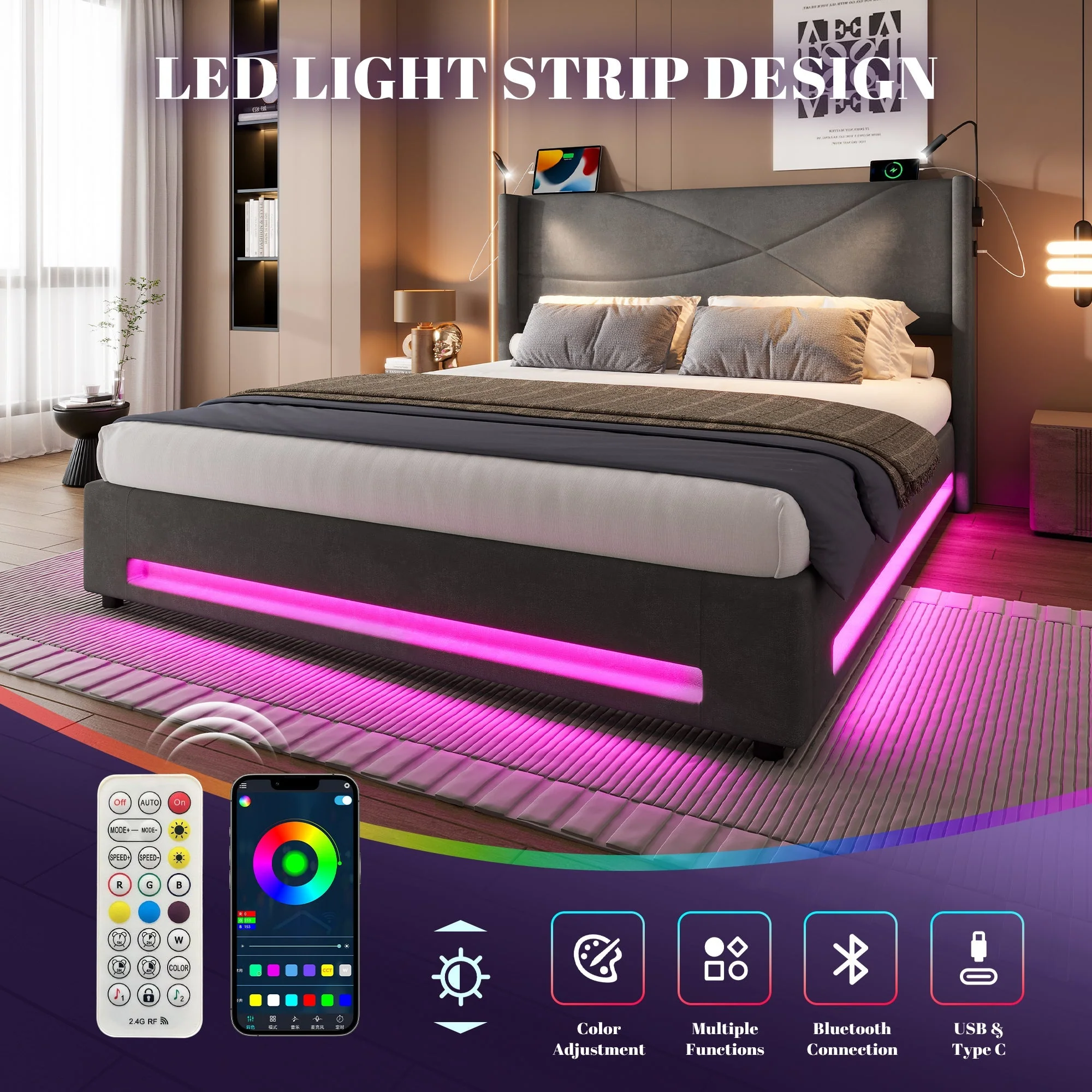 Modern Bed Frame, Reading Lights, LED, Hydraulic Storage Base, USB Ports, Dark Gray - Image 5