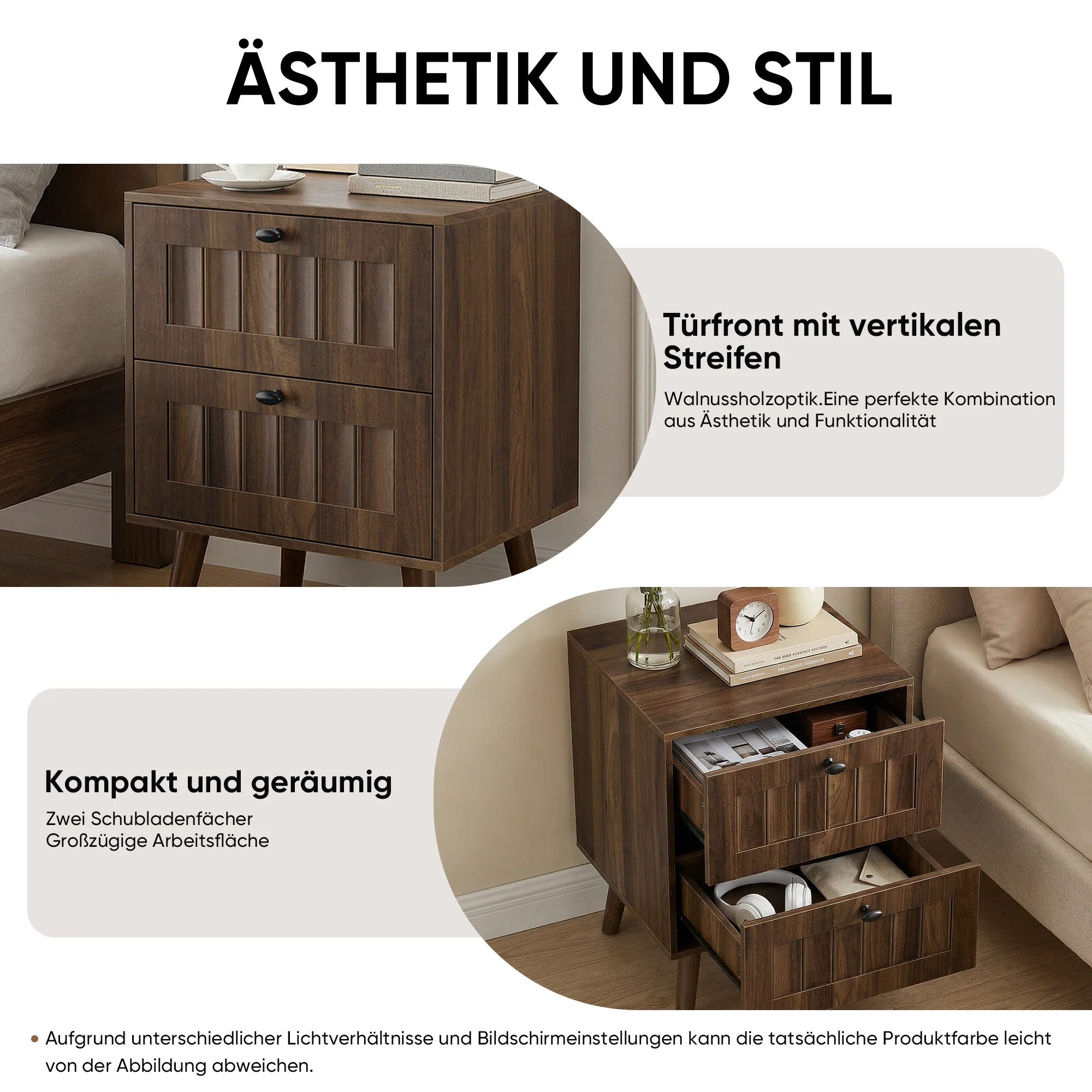 Modern Bedside Table with Two Drawers and Solid Wood Legs, 43.5 x 40 x 57.5 cm, Walnut - Image 7