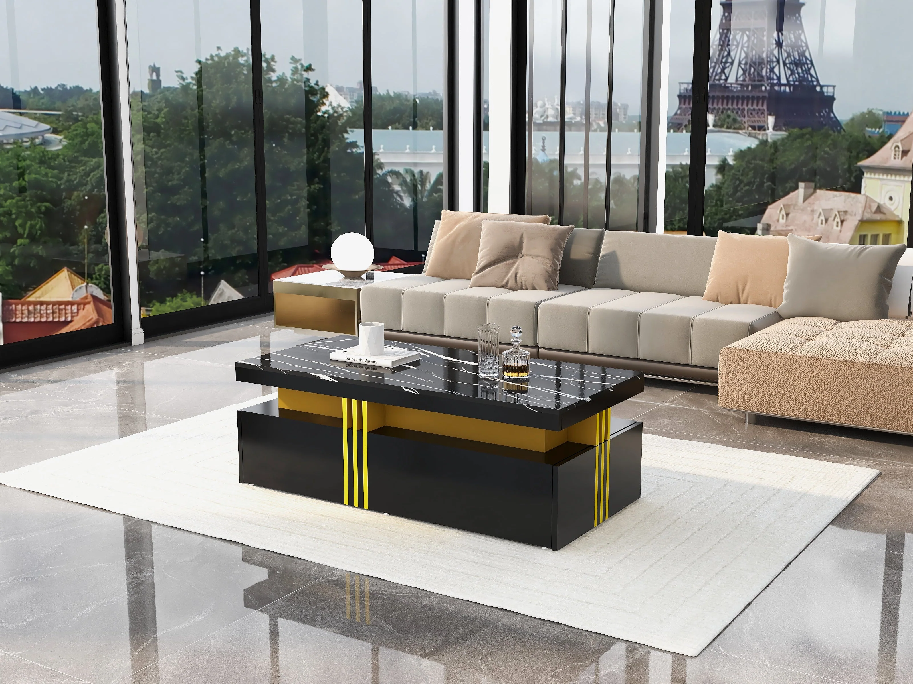 Modern Black Rectangular Coffee Table with Marble Pattern (Triamine Board) Top and 2 Wooden Drawers, Particle Board - Image 4