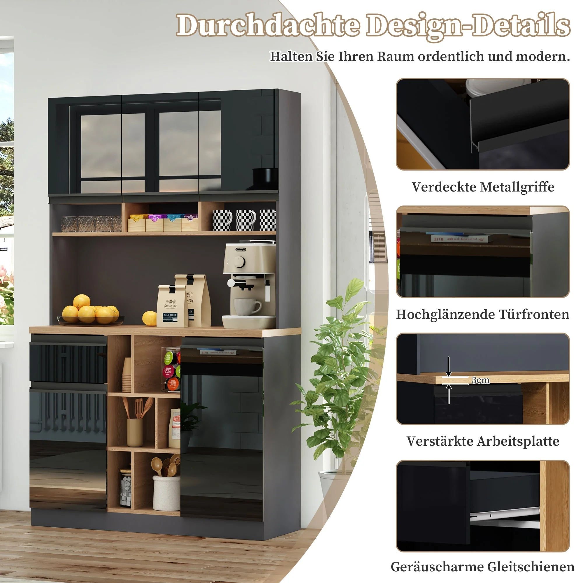 Modern Buffet Sideboard 105x185cm Adjustable Shelves Drawers - Grey/Black - Image 3