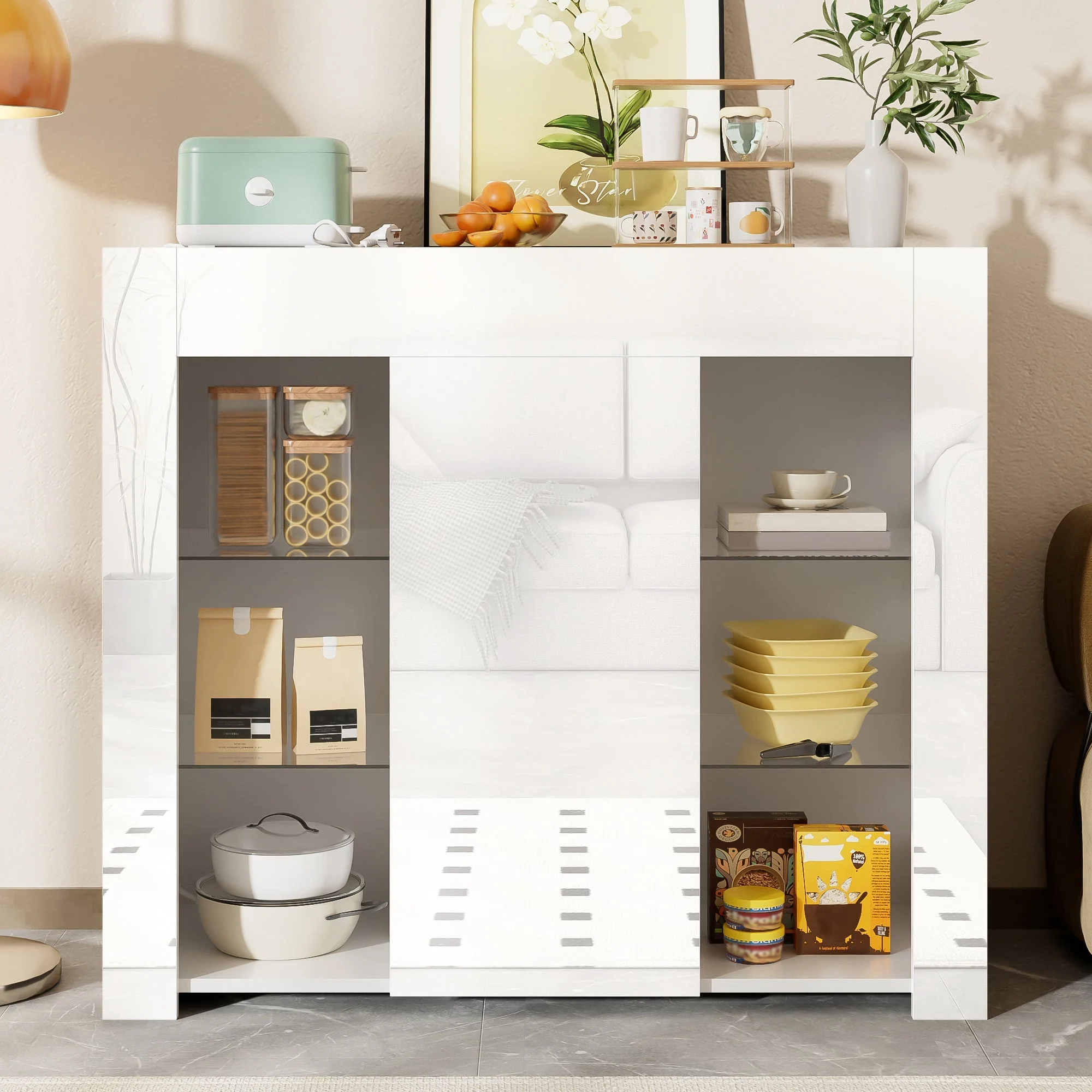 Modern Buffet with Glass Shelves & Cabinet Door, White - Image 3
