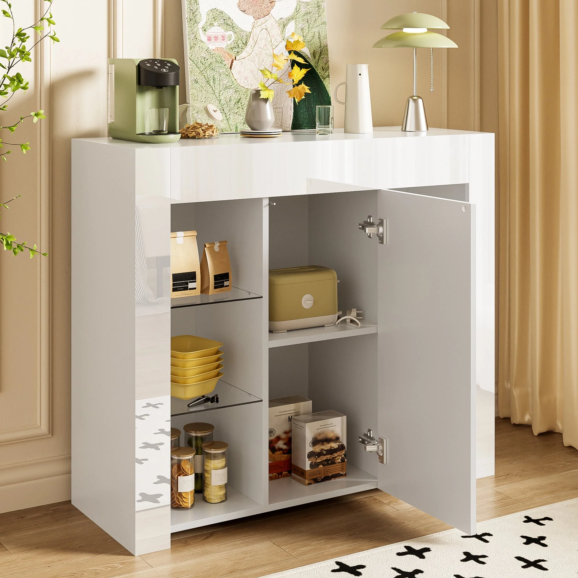 Modern Buffet with Glass Shelves & Cabinet Door, White - Image 8