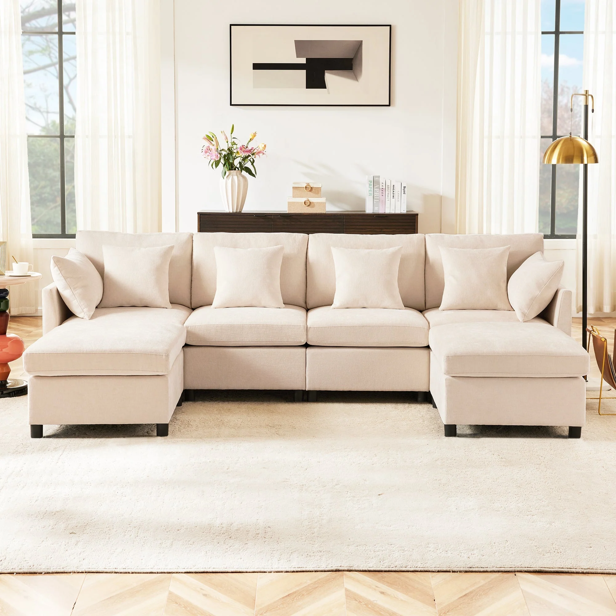 Modern Chenille Sofa Modular Detachable Footstool L-Shaped U-Shaped, Chenille - Image 5