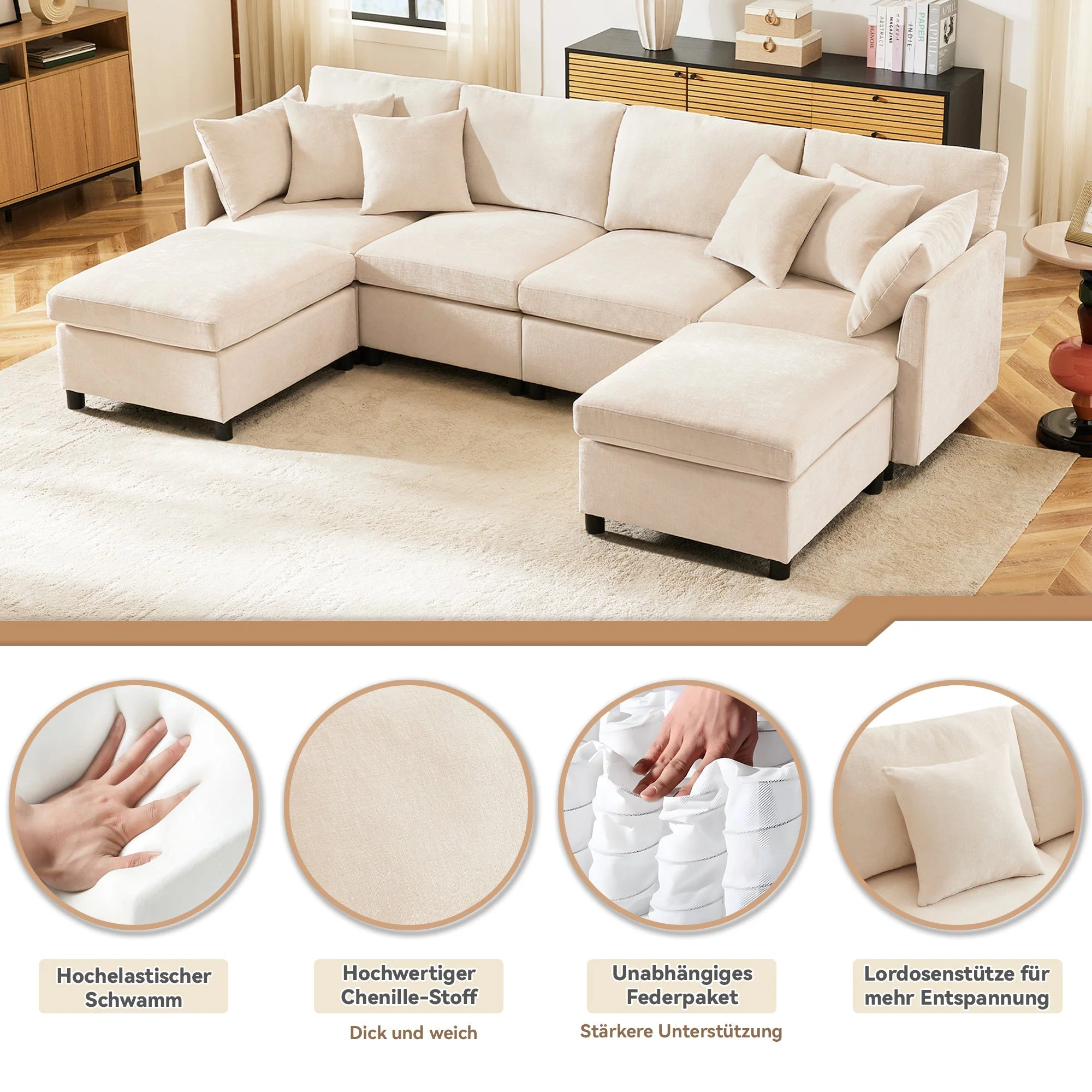 Modern Chenille Sofa Modular Detachable Footstool L-Shaped U-Shaped, Chenille - Image 7
