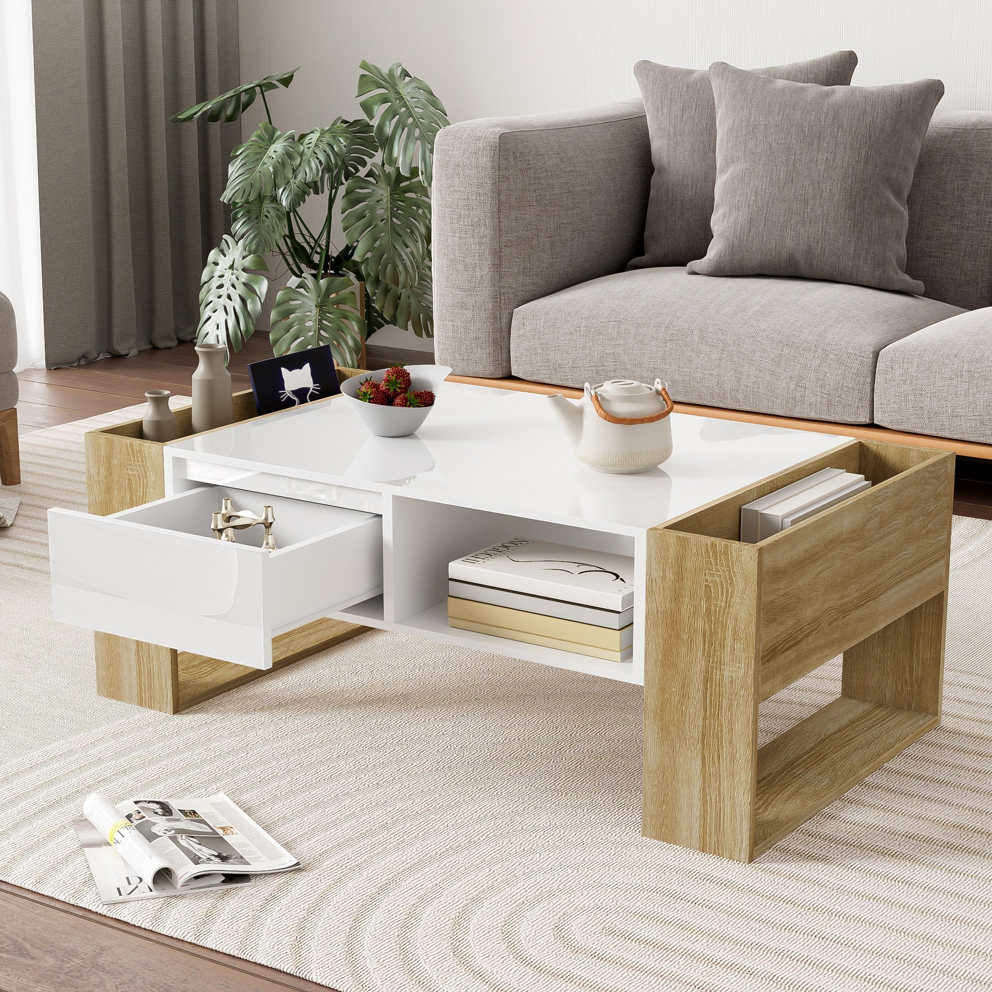 Modern coffee table 105 x 60 x 40 cm with drawers and open compartments, high gloss - Image 3