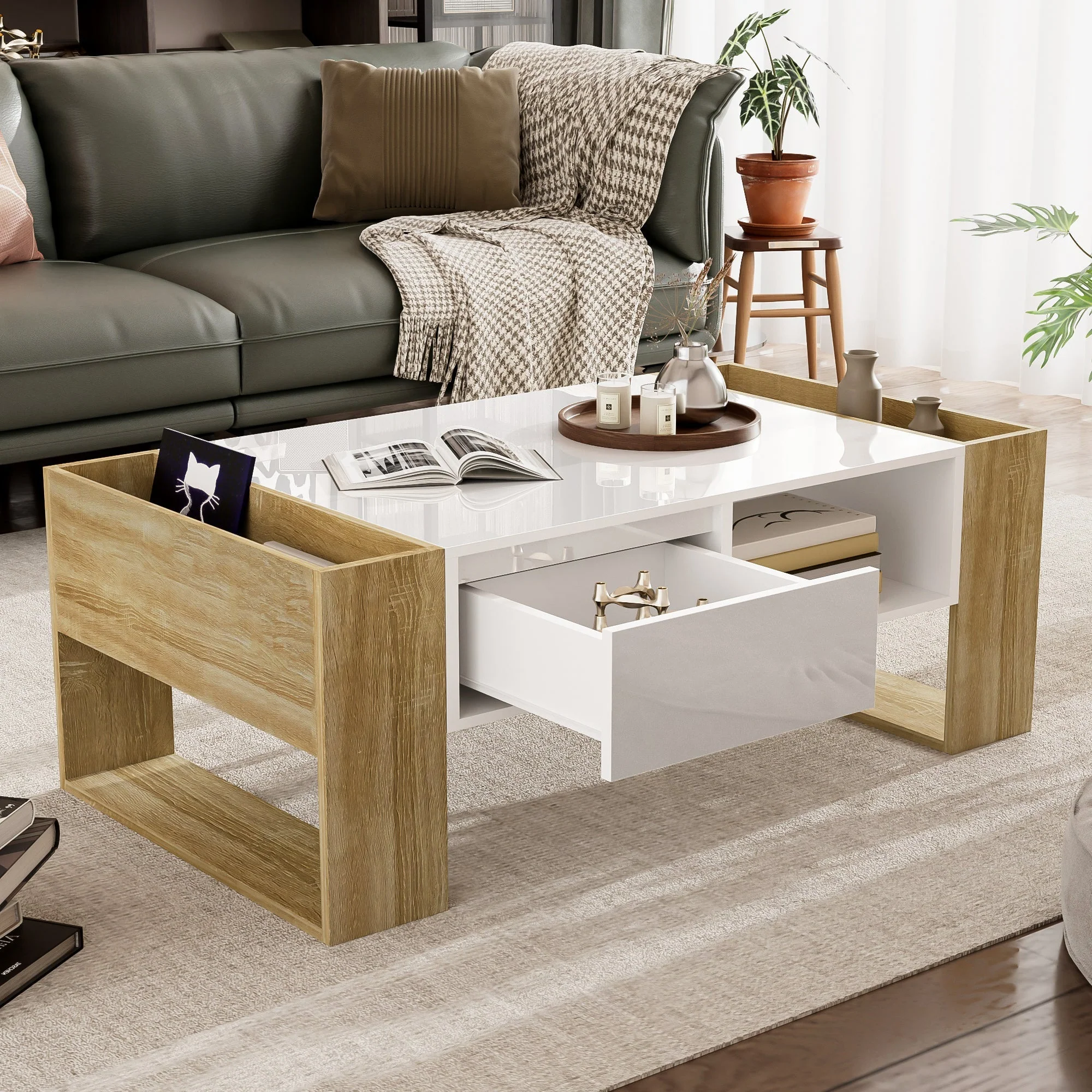 Modern coffee table 105 x 60 x 40 cm with drawers and open compartments, high gloss - Image 5